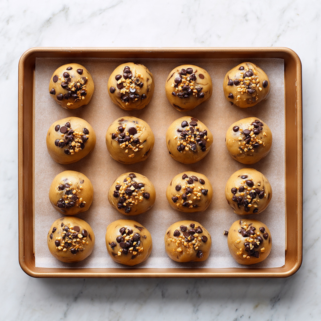 Twelve small round cookie dough balls are evenly spaced in a 3 by 4 grid on a baking tray lined with light brown parchment paper. Each ball is light brown with a slightly rough texture and topped with a mix of dark brown and golden chocolate chips that are scattered on top. The tray sits on a white marbled surface, creating a clean and bright background. photo taken with an iphone --ar 4:5 --v 7