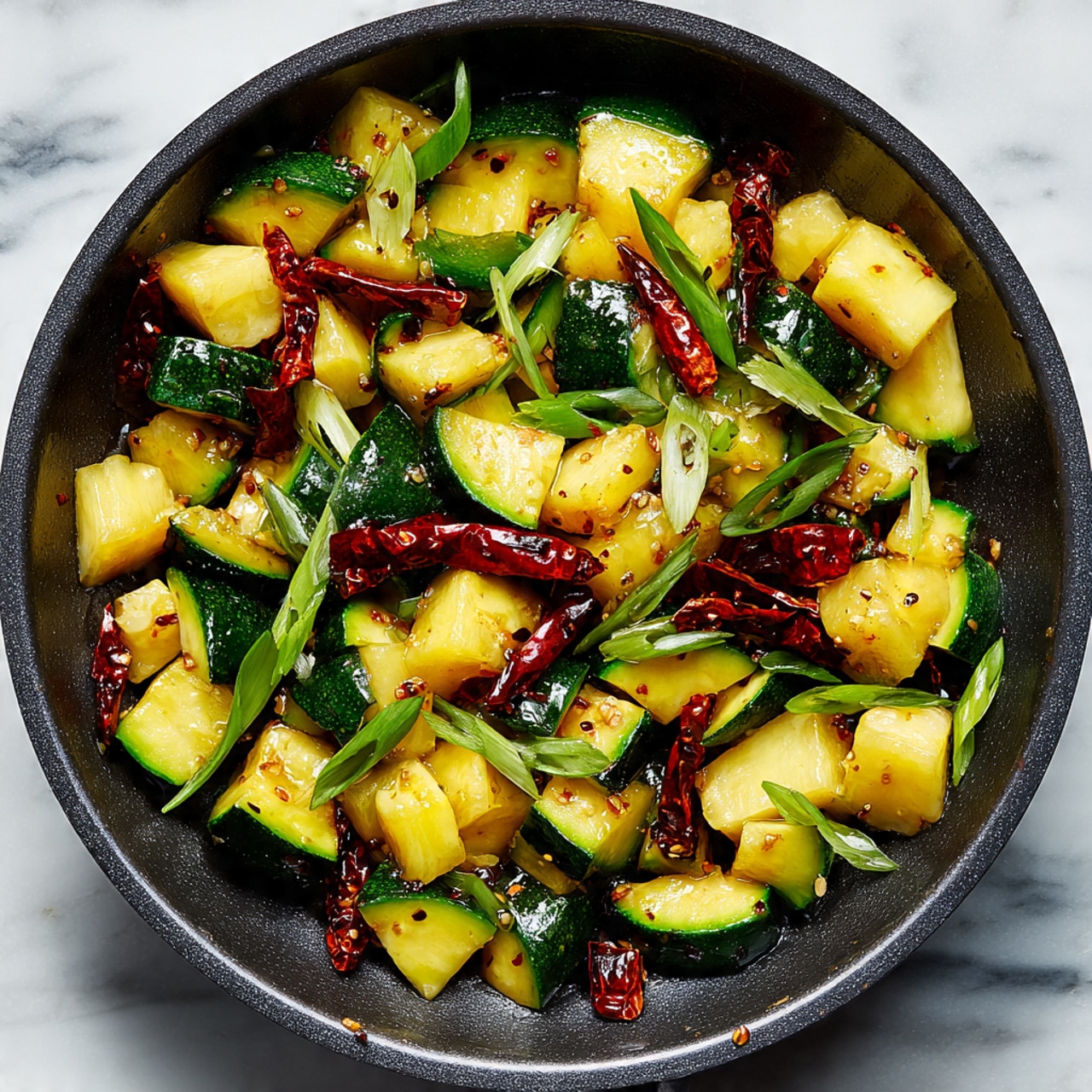 This close-up image shows a dish with several layers of thick, glossy pieces of zucchini that are dark green on the edges and yellowish inside, scattered with bright green sliced spring onions on top. Among the zucchini pieces, there are dried red chili peppers adding a splash of red color. The dish is inside a dark pan, and the background is a white marbled texture. The zucchini pieces and spring onions look shiny and slightly wet as if coated in sauce, with the chili peppers adding texture and color contrast. photo taken with an iphone --ar 4:5 --v 7