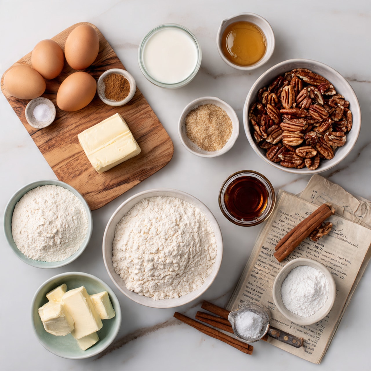 The image shows several baking ingredients arranged in white bowls and glass containers on a white marbled surface with a wooden board. In the center, a white bowl holds white flour with two smaller white bowls inside containing baking powder and baking soda. To the top right, there is a white bowl filled with chopped pecans next to two brown eggs. Above the wooden board is a small glass bowl with white milk, and below it a white bowl holds a mix of white sugar and light brown sugar. There is also a stick of butter on the wooden board, a small white bowl with dark vanilla extract, a white bowl with honey, and another small white bowl with ground cinnamon. A metal measuring cup with coarse salt sits on a small torn book page. Photo taken with an iphone --ar 4:5 --v 7