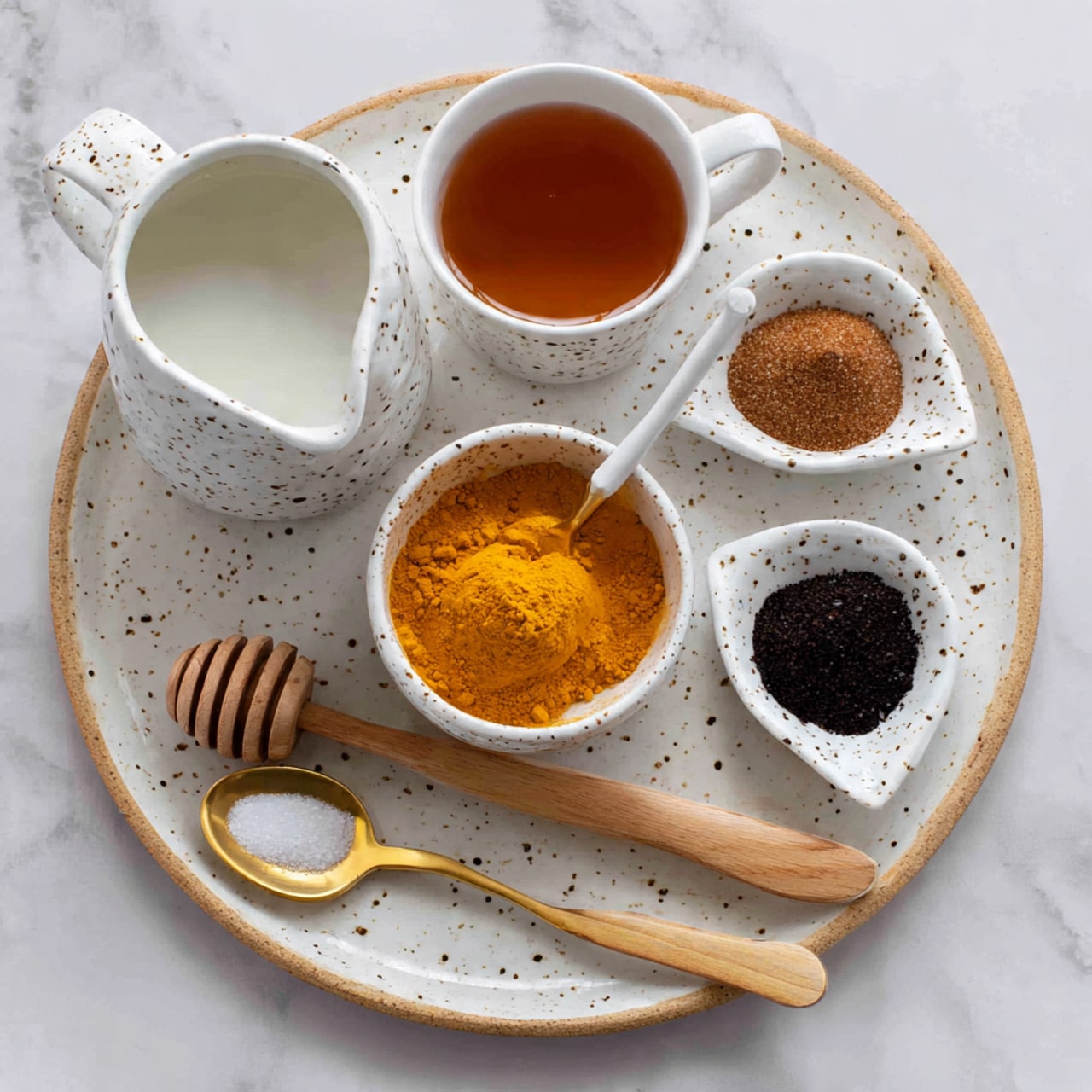 A white speckled plate holds six different ingredients arranged neatly: a small rustic white bowl filled with bright orange turmeric powder with a white spoon inside it, a small cup with amber-colored honey, a white ceramic spoon with a brown powdered spice, a golden metal spoon with coarse white salt, a white ceramic spoon with a small amount of golden liquid, and two wooden spoons resting on the plate—one with light beige powder and the other with dark brown powder. To the left of the plate is a white speckled jug filled with a white liquid. The whole setup is placed on a white marbled surface. photo taken with an iphone --ar 4:5 --v 7