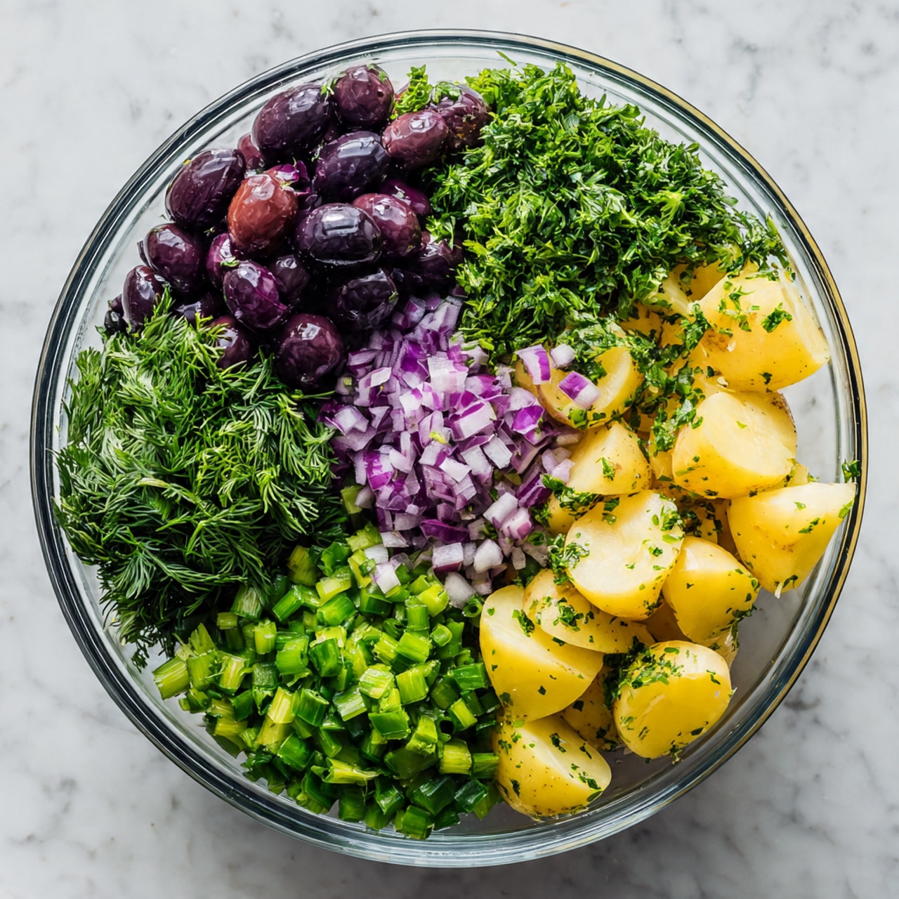 A clear glass bowl sits on a white marbled surface, filled with six separate piles of chopped ingredients arranged in a circle. Starting from the upper left, there are dark purple whole and halved olives, bright green chopped parsley, pale yellow potato pieces with skin, deeply green dill leaves, vibrant light green sliced scallions, and finely diced purple onion in the center. Each pile is distinct with fresh, textured colors and the bowl is clear and shiny, showing the ingredients clearly inside. Photo taken with an iphone --ar 4:5 --v 7