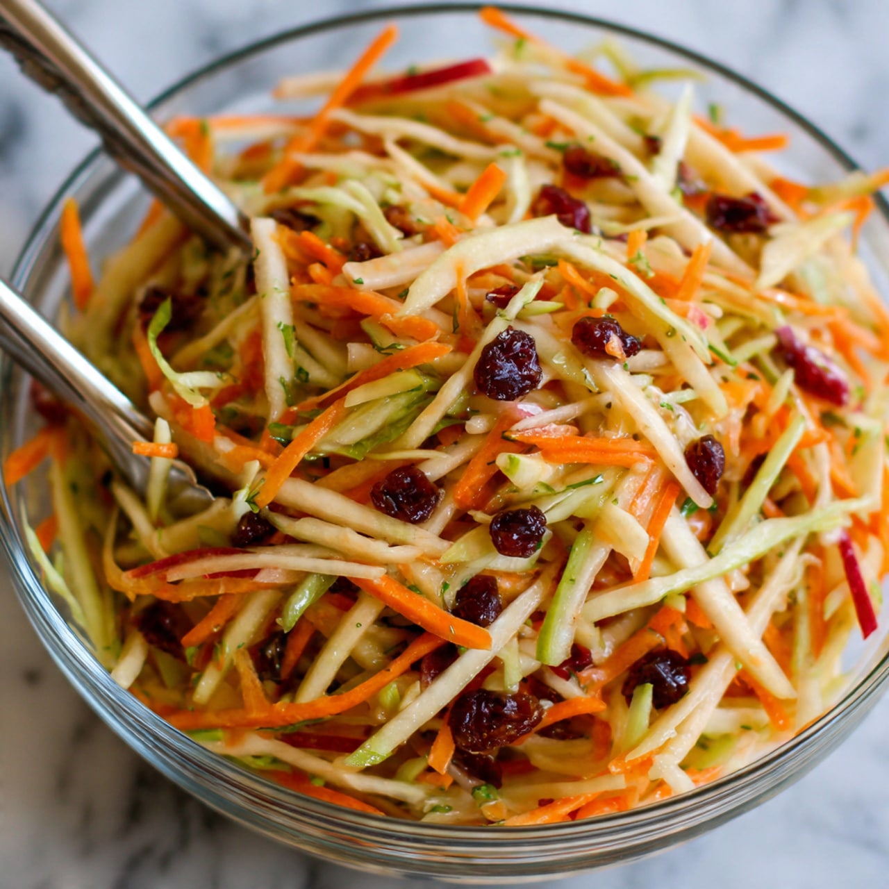A clear glass bowl filled with a colorful salad on a white marbled surface. The salad has three main layers visible: thin light green cabbage strips forming the base, bright orange carrot sticks scattered throughout, and thin apple slices with red edges adding pops of color. Mixed in are small green pieces, likely scallions, and dried cranberries or raisins for dark red contrast. The textures look fresh and crunchy with creamy dressing lightly coating the ingredients. Two metal tongs rest inside the bowl, ready to serve. photo taken with an iphone --ar 4:5 --v 7