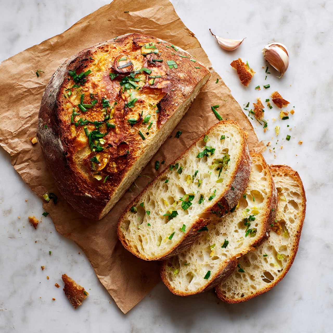 A loaf of bread with a golden brown crust sits on brown paper over a white marbled surface. Two slices are cut and placed next to the loaf, showing a light, airy inside with small holes and bits of herbs scattered within. The crust is rough and cracked with some darker toasted spots and pieces of cooked garlic visible on top. Crumbs are scattered around the bread. photo taken with an iphone --ar 4:5 --v 7