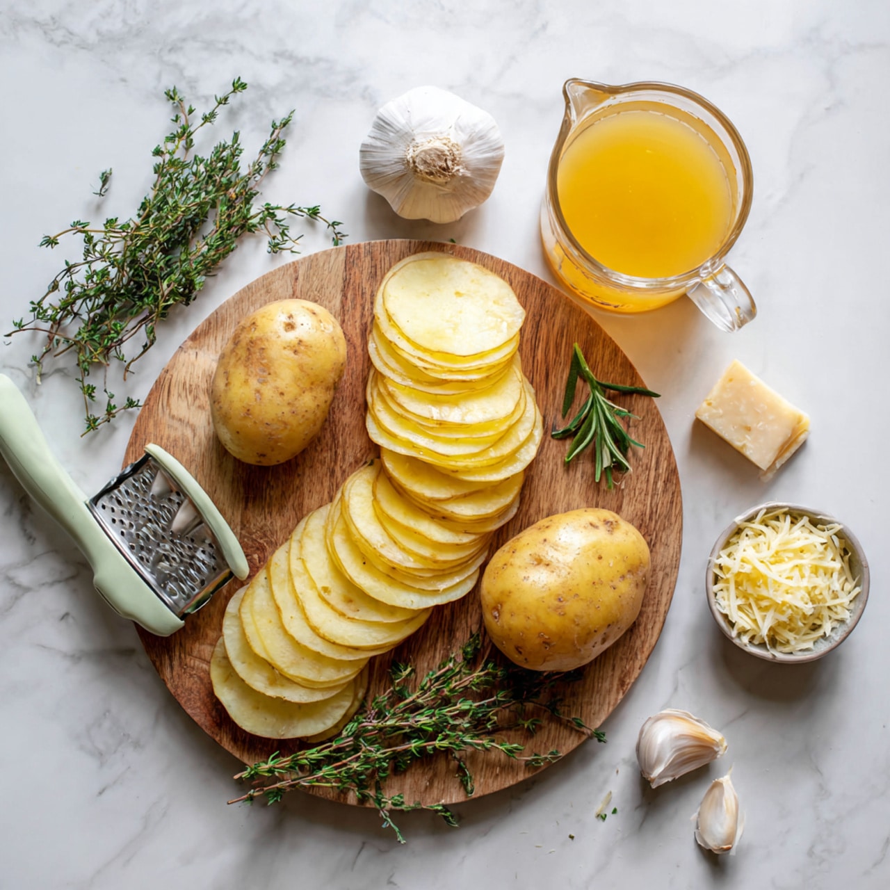 The image shows a wooden board placed on a white marbled surface with several whole light yellow potatoes and many thin potato slices neatly stacked in the center. A pale green mandoline slicer rests on the left side of the board with one whole potato on it. Around the board, there are fresh green herbs like chives and thyme, a small open jar of orange paste, three garlic cloves, a block of cheese, and three glass bowls containing grated cheese, grated parmesan, and a white creamy liquid. The scene looks like ingredients for a creamy potato dish. Photo taken with an iphone --ar 4:5 --v 7