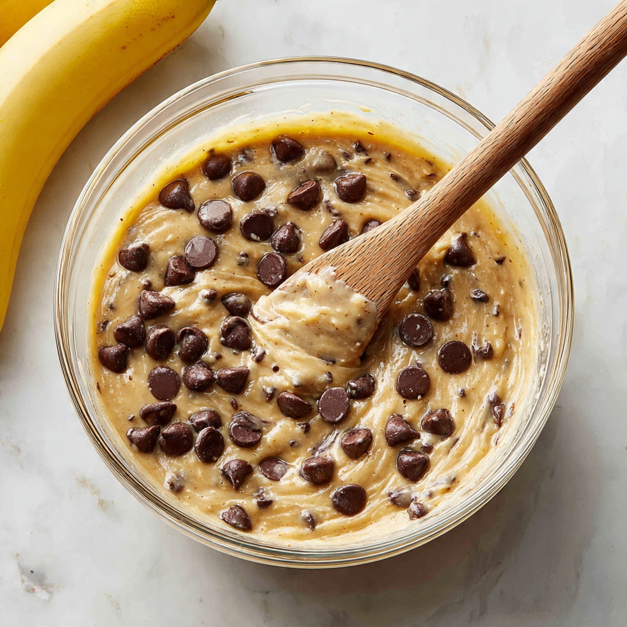 A white mixing bowl filled with light brown, thick, lumpy batter with dark brown chocolate chips scattered on top and partially mixed in; a wooden spoon with some batter clinging to it rests inside the bowl on the right side; the bowl is sitting on a white marbled surface with a small part of a ripe banana visible in the lower left corner; the batter texture looks creamy with visible small lumps and tiny bubbles photo taken with an iphone --ar 4:5 --v 7