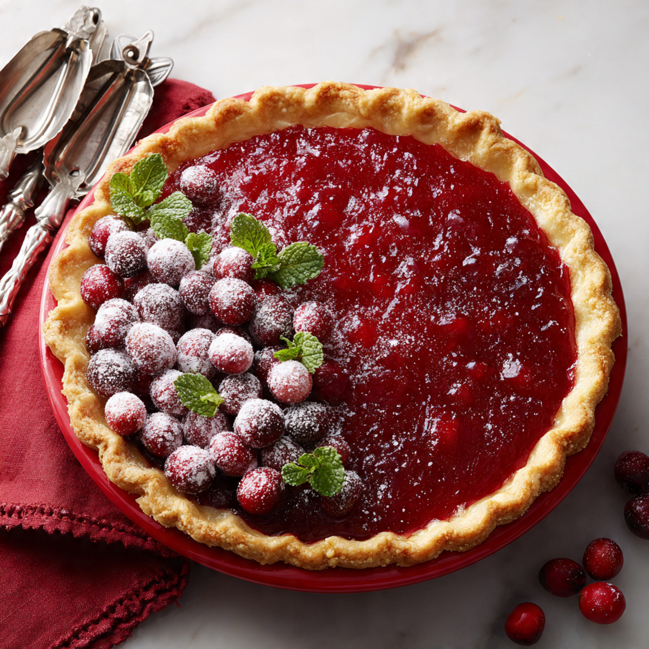 Cranberry Custard Pie Recipe 5 A round pie in a bright red dish with a golden-brown crust that is crinkled along the edge. The top layer is a shiny, deep red cranberry filling, smooth and even. On one side of the pie, a line of fresh cranberries dusted with white sugar sits on top, mixed with small bright green mint leaves. Some orange zest pieces add small specks of color near the cranberries. The pie is placed on a white marbled surface, with a red cloth napkin to the left and vintage silver pie cutters to the right. Scattered fresh cranberries are also on the surface near the pie. photo taken with an iphone --ar 4:5 --v 7