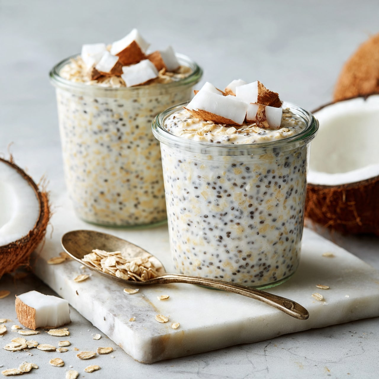 Two clear glass jars filled with creamy oatmeal that has small black chia seeds mixed in, giving it a speckled texture. Each jar is topped with three or four white, textured coconut chunks with brown edges. The jars are placed on a white marbled cutting board, which rests on a white marbled surface. Nearby, there is a halved coconut showing white inside and a rough brown shell. A few small coconut pieces and oat flakes are scattered around for a natural look. The photo taken with an iphone --ar 4:5 --v 7