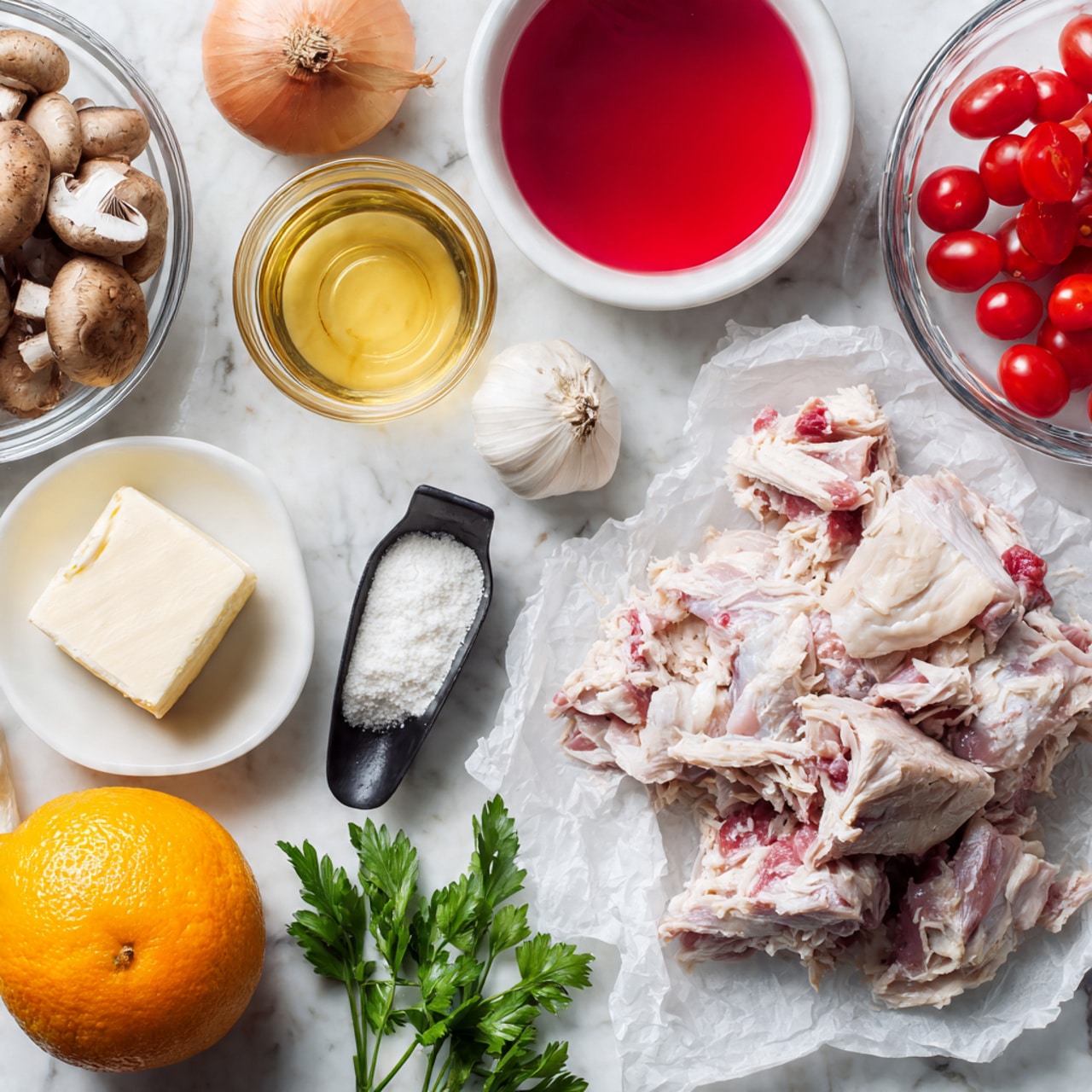 The image shows a top view of various fresh ingredients arranged neatly on a white marbled surface. In the lower right, there is a stack of raw light pink turkey pieces with skin on crumpled white paper. To the lower left, a small white bowl holds a square piece of pale yellow butter. Above it, a white bowl with a red liquid and whole peeled tomatoes sits. On the upper left side, a clear glass bowl filled with whole brown mushrooms is visible. Near the center, there are two whole tan onions and a bulb of garlic, accompanied by a black scoop filled with white flour, a glass of light golden liquid, a whole bright orange, and some fresh green parsley on the far right. The colors range from red, brown, white, yellow, orange, to green, showing different textures like smooth, rough, and soft. photo taken with an iphone --ar 4:5 --v 7