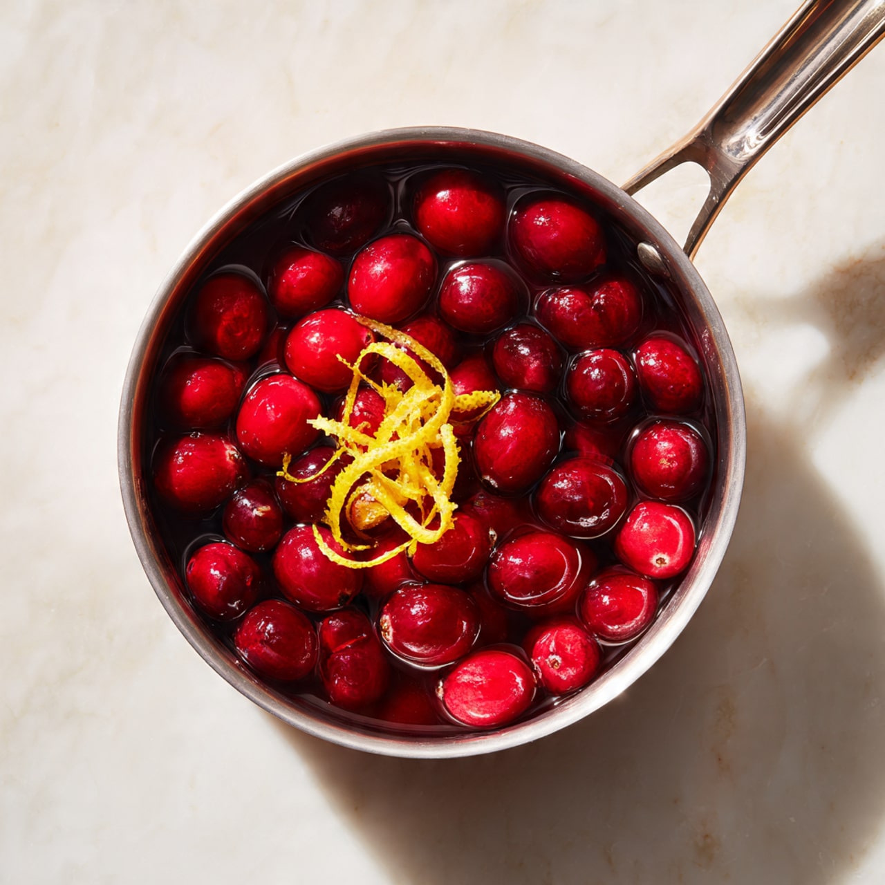A shiny silver pot filled with a single layer of bright red cranberries floating in clear water. On top of the cranberries is a small pile of thin, curly orange peel strips placed at the center. The pot is placed on a white marbled surface with soft natural light shining from above. The handle of the pot extends to the right side of the image. photo taken with an iphone --ar 4:5 --v 7