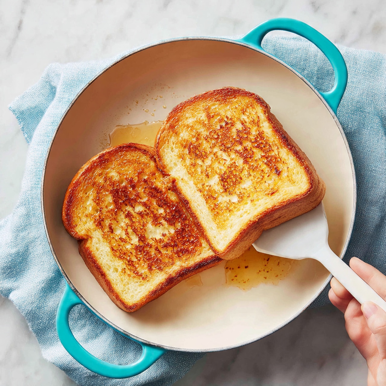 The image shows two pieces of golden brown toasted bread in a white pan with a turquoise handle. One toast is lying flat on the pan, showing a crispy, slightly uneven surface with darker toasted spots, while the other toast is being lifted by a white spatula, held by a woman's hand just outside the frame. The bread looks crunchy and cooked evenly, with a light drizzle of syrup or melted butter visible on the pan around the toast. The pan sits on a white marbled surface with a light blue cloth partially underneath it. Photo taken with an iphone --ar 4:5 --v 7