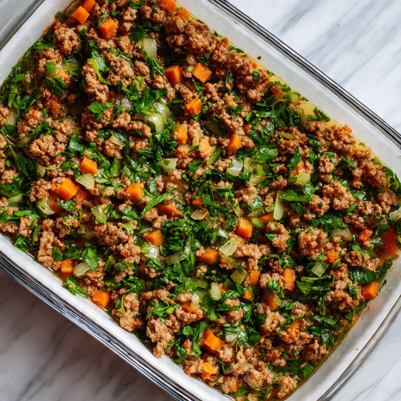 The image shows one layer of cooked ground meat mixed with small orange carrot cubes and green leafy herbs spread evenly inside a white ceramic baking dish. The dish rests on a white marbled surface. The meat texture is crumbly with bits of translucent onion and small green vegetable pieces scattered throughout, creating a mix of brown, orange, and bright green colors. There is no additional layer on top or below, just this single layer of the cooked mixture. photo taken with an iphone --ar 4:5 --v 7