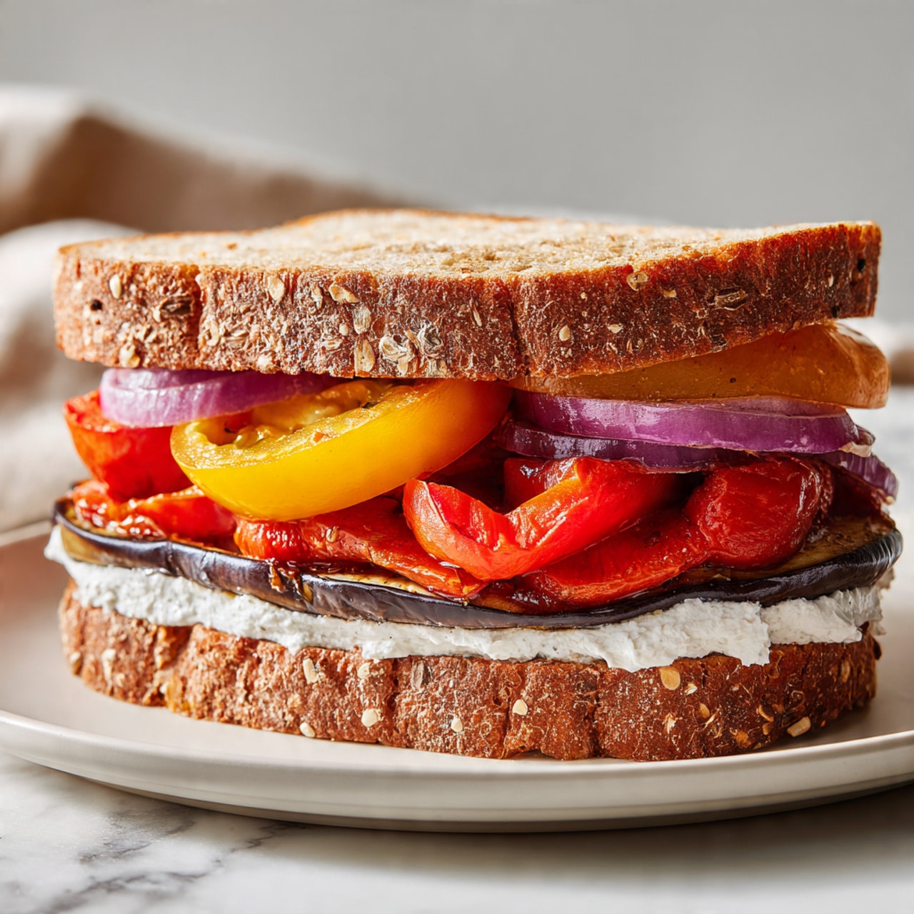The image shows a sandwich on a white plate with a white marbled surface beneath. The sandwich has three layers of bread with a brown crust and visible seeds. The bottom layer has a spread with a creamy, slightly chunky texture. Above this is a layer of grilled eggplant with dark brown skin and pale flesh. Next is a layer of roasted red pepper slices, bright red and soft looking. On top of that are thick slices of cooked purple onion rings with a glossy surface. At the very top, there are two round slices of yellow tomato. The sandwich is closed with the top slice of bread, and a small part of a woman's hand is barely visible holding it from the side. Photo taken with an iphone --ar 4:5 --v 7