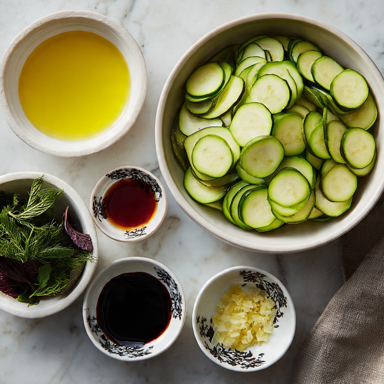 The image shows a white round bowl filled with thick slices of light green zucchini with dark green edges, placed on a white marbled surface. Below it, there is a small white bowl filled with fresh dark green mint and dill leaves. To the right of this bowl, three small white bowls with black floral patterns contain dark balsamic vinegar, light reddish red wine vinegar, and finely chopped pale yellow garlic, stacked vertically. To the left of the vinegars, there is a larger white bowl filled with golden yellow olive oil. A textured gray cloth is visible near the top right corner. photo taken with an iphone --ar 4:5 --v 7