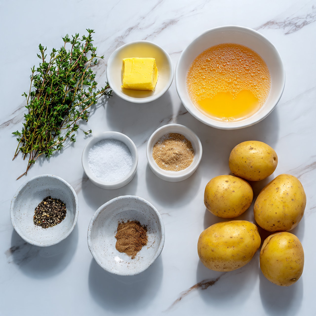 The image displays ingredients for a recipe arranged neatly on a white marbled surface. There are five yellow potatoes stacked on the right side. Small bowls hold different items: a white bowl with a foamy orange liquid, a clear glass bowl with melted yellow butter, a white bowl with light brown sugar, a small white bowl with a pinch of ground spice, and two speckled white bowls containing salt and black pepper. Fresh green herbs lie on the left side, adding a touch of color to the setup. photo taken with an iphone --ar 4:5 --v 7