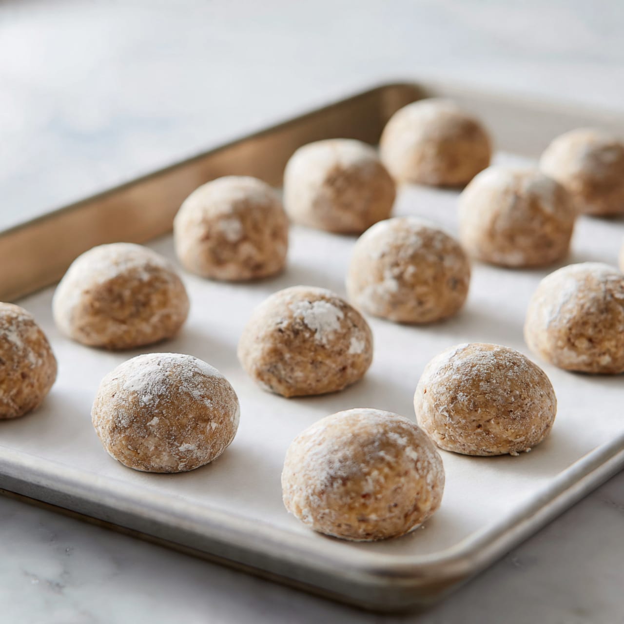 The image shows a baking tray lined with parchment paper holding fifteen small round dough balls evenly spaced in rows. Each dough ball is light brown with a slightly cracked surface, and some have small patches of white flour dusted on top. The tray edges are visible, and the tray rests on a white marbled surface, giving a clean and bright background. The focus is sharp on the dough balls in the center, with a soft blur toward the back and sides. The lighting highlights the rough texture and slight imperfections of the dough balls photo taken with an iphone --ar 4:5 --v 7