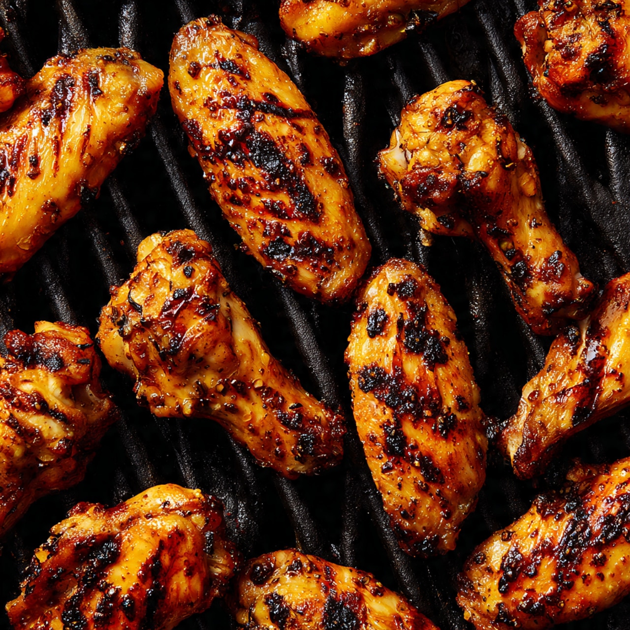 Several grilled chicken wings with a golden brown color and light charred spots are laid out on a black grill grate, showing a slightly shiny texture from the spices and cooking oils. The wings are spread evenly, some with a darker color on the edges, indicating they are nicely cooked with a hint of crispiness. The background is a white marbled texture. photo taken with an iphone --ar 4:5 --v 7