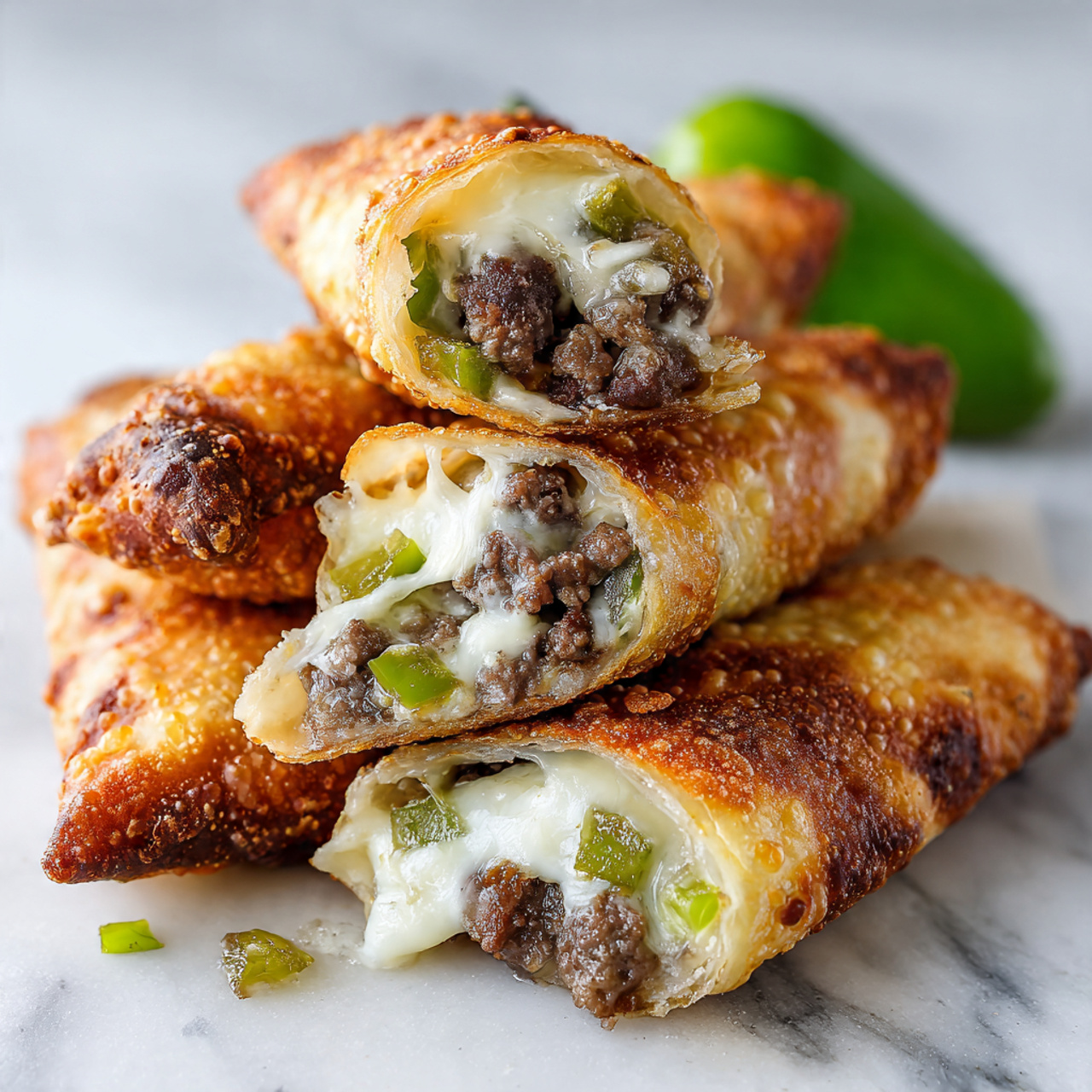Philly Cheesesteak Egg Rolls Recipe 5 The image shows several golden-brown fried rolls, some sliced in half to reveal their filling. Inside, there are three distinct layers: a crispy light brown outer shell, a middle layer of melted white cheese, and an inner layer of cooked dark brown beef strips mixed with green bell peppers. The rolls are stacked on a white plate with a small white bowl of creamy white dipping sauce on the side. The whole setting is placed on a white marbled surface with a green bell pepper in the background. photo taken with an iphone --ar 4:5 --v 7