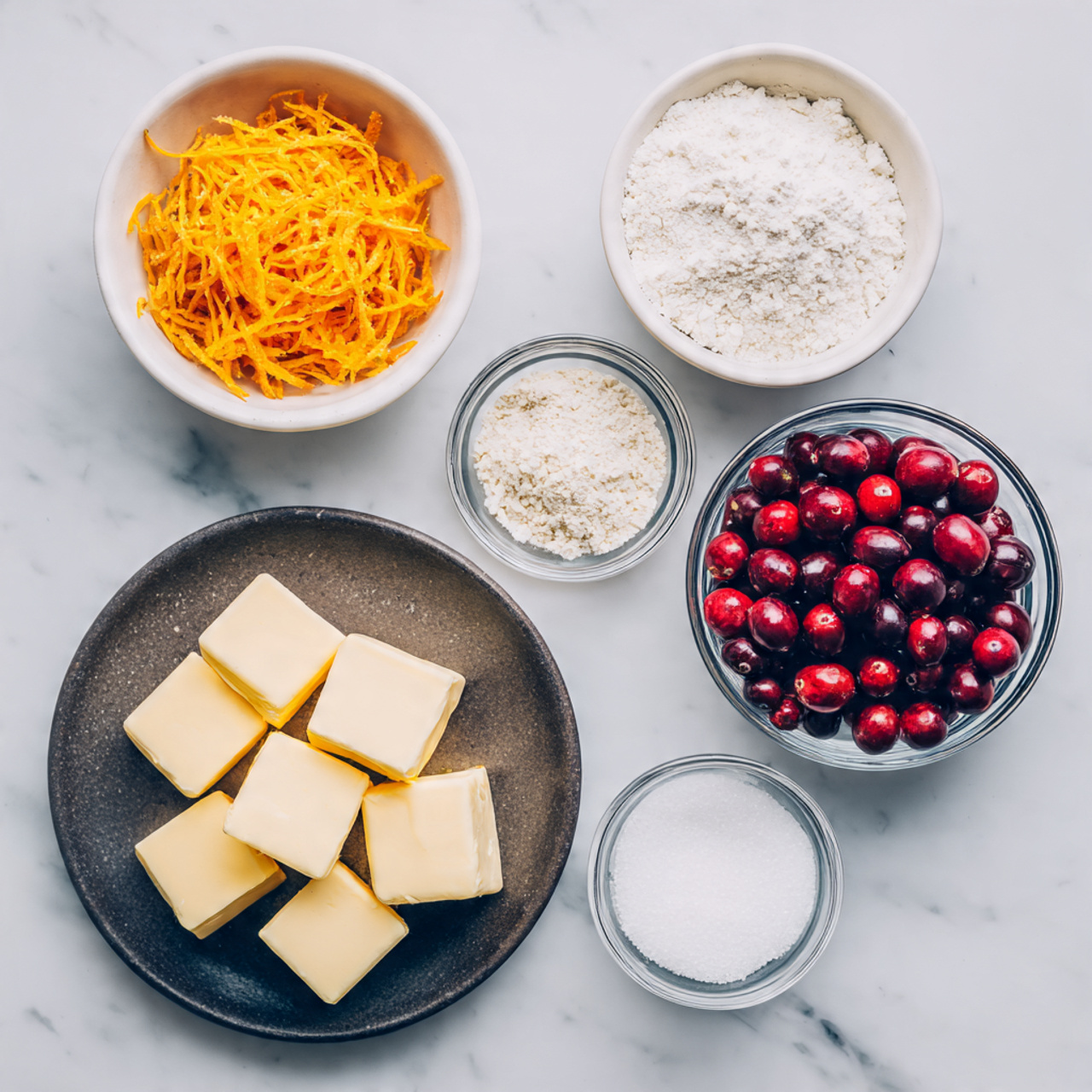 The image shows six small white dishes arranged on a white marbled surface, each containing a different ingredient. At the top left, there is a small white dish with bright orange zest, textured like small thin strands. Next to it, at the top right, is a white dish holding white cornstarch powder with a smooth, fine texture. Below these, at the center left, a small dark plate features neatly cut rectangular blocks of pale yellow butter. At the center right, there is a white bowl filled with off-white flour topped with a small heap of white salt, showing a powdery texture. At the bottom left, a clear glass bowl holds shiny, deep red cranberries with smooth, round shapes. Last, at the bottom right, another clear glass bowl contains white granulated sugar with a slightly coarse texture. The photo is taken with an iphone --ar 4:5 --v 7