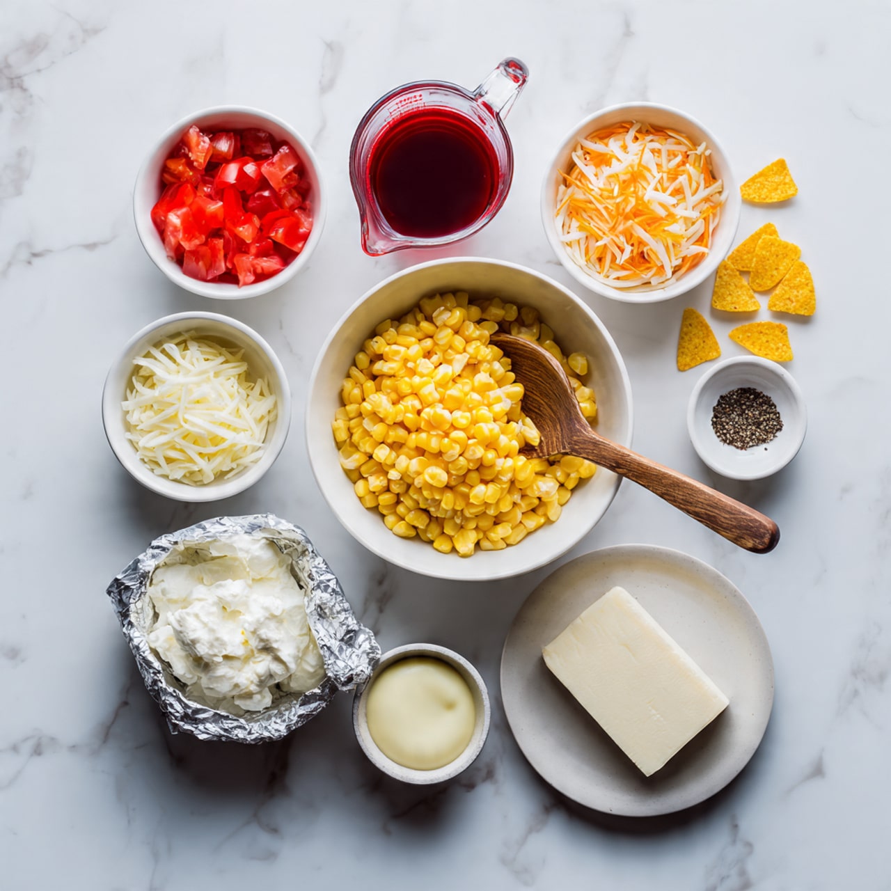 A top view shows several white bowls and plates arranged on a white marbled surface, each holding different ingredients. The center features a large bowl filled with bright yellow corn kernels, with a small wooden spoon inside the bowl. Surrounding it are smaller bowls with red diced tomatoes, light orange shredded cheese, white chopped onions, and a green chopped pepper mix. There is a transparent measuring cup pouring red liquid, a small white bowl with a pale yellow liquid, and a plate with a block of cream cheese partly wrapped in foil. A small dish holds salt and pepper, and another contains white sour cream. A few yellow corn chips are scattered around the edges. The photo taken with an iphone --ar 4:5 --v 7