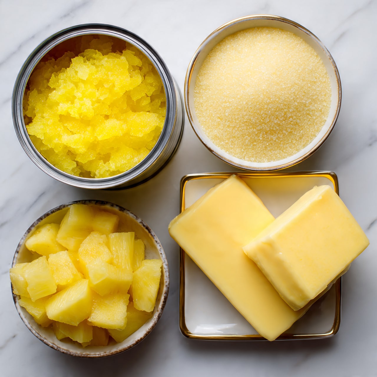 The image shows four small containers placed on a white marbled surface. In the top left, an open can filled with crushed yellow pineapple is visible, showing a textured and juicy appearance. To the right of the can, a white bowl contains several chunks of whole pineapple, pale yellow with a smooth surface. Below the can, a round white bowl is filled with light yellow granulated sugar, with a slightly uneven surface. To the right of the bowl with sugar, a square white dish holds two rectangular blocks of pale yellow butter, neatly stacked with smooth, flat textures. Soft natural light casts gentle shadows across the items, highlighting their colors and textures. photo taken with an iphone --ar 4:5 --v 7