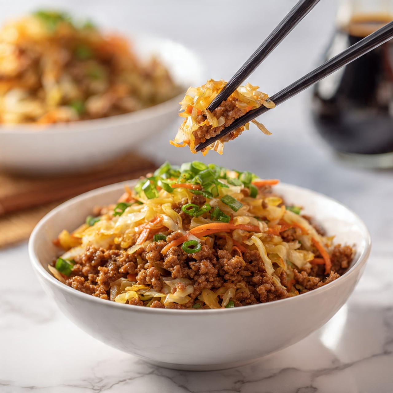 The image shows a white bowl filled with a mixed dish made of brown cooked ground meat, thin pale yellow noodles, small pieces of orange carrot, and green chopped spring onions scattered on top. A pair of black chopsticks hold a small portion of the mixture above the bowl. Behind it, a blurred white bowl with the same dish and a dark soy sauce bottle are on a white marbled surface. The colors are warm and natural, showing a fresh and tasty look. photo taken with an iphone --ar 4:5 --v 7