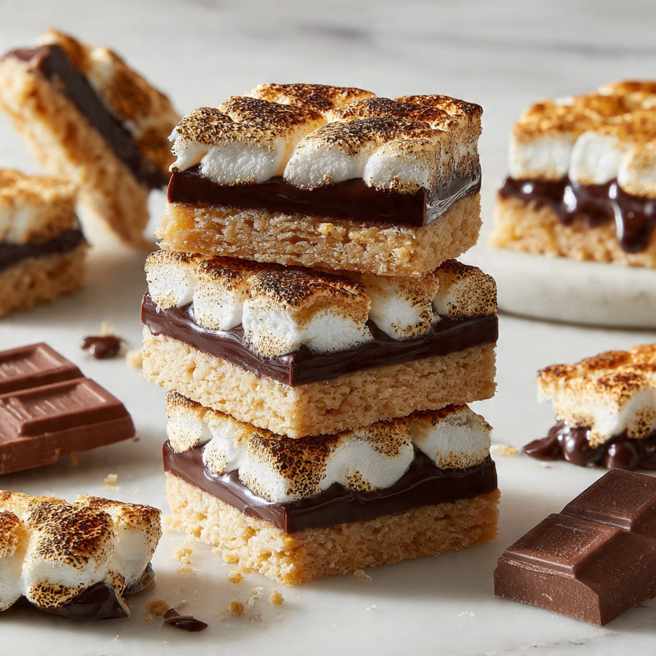 The image shows several pieces of s'mores bars arranged on crinkled white parchment paper, placed over a white marbled surface. Each bar has three layers: the bottom layer is a golden brown, crumbly graham cracker base; the middle layer features chunks of dark, glossy Hershey’s chocolate that are slightly melting; and the top layer is a layer of toasted marshmallows with spots of light golden brown and some melted, stringy parts stretching between the pieces. Scattered around the bars are broken graham crackers, small marshmallows, and pieces of Hershey’s chocolate, adding a casual, homemade feel. Photo taken with an iphone --ar 4:5 --v 7