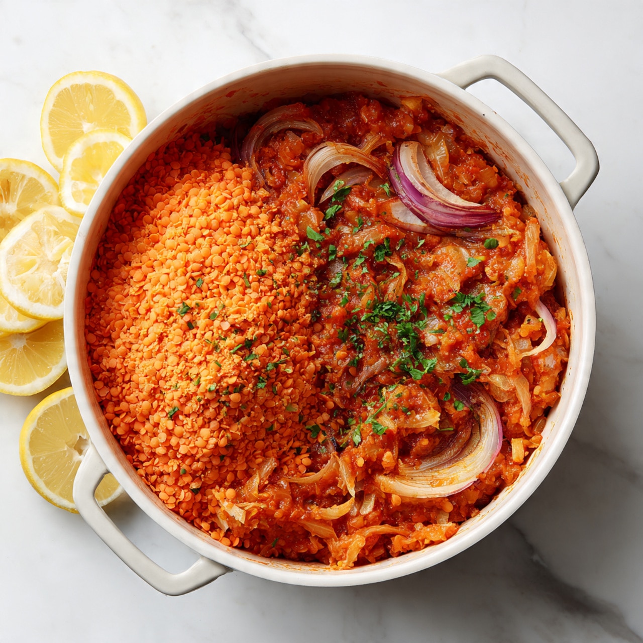 A white pot filled with a two-layer dish inside: the bottom layer is a chunky tomato sauce with visible pieces of onions, tomatoes, and herbs in reddish-orange color and thick texture, while the top layer is a thick cover of dry orange lentils spread evenly. The pot sits on a white marbled surface with sliced lemons and green herbs around it. Photo taken with an iphone --ar 4:5 --v 7
