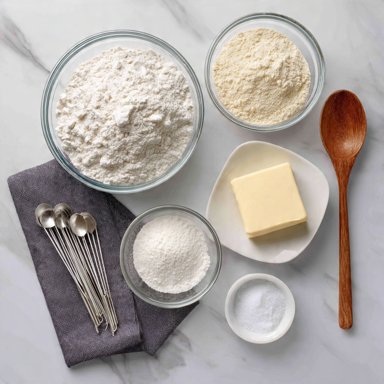 A top view of a white marbled surface with five clear glass bowls arranged neatly; the largest bowl at the bottom left filled with white flour, a medium bowl at the top right contains a light beige foamy liquid, a smaller bowl below it holds powdered white flour, a small white dish at the bottom right has a pale yellow square of butter, and a tiny clear glass bowl next to it is filled with white salt. To the left on the surface is a bundle of silver measuring spoons resting on a dark gray cloth, and to the right is a wooden spoon. photo taken with an iphone --ar 4:5 --v 7