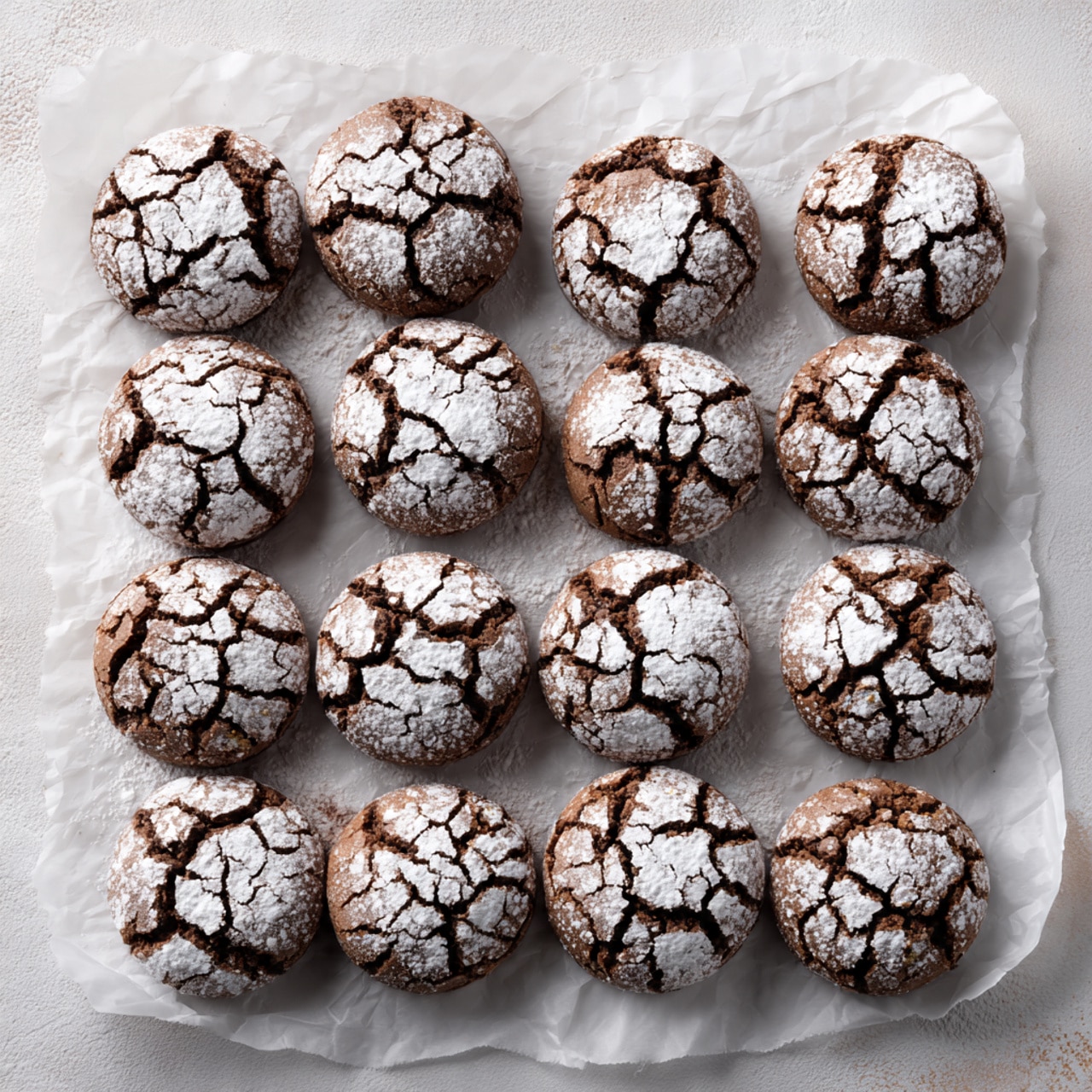 A white plate with a gold floral pattern holds seven round cookies. Each cookie is golden brown with deep cracks and is dusted with a thick layer of white powder on top. The cracks reveal the warm brown texture of the cookie beneath the white powder. The plate rests on a white marbled surface with soft natural light casting gentle shadows. photo taken with an iphone --ar 4:5 --v 7