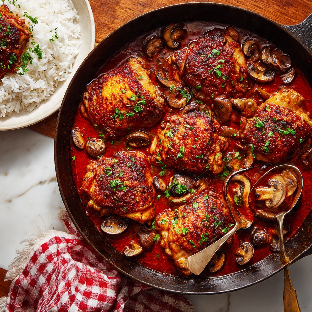 The image shows a black cast iron pan filled with five browned chicken thighs sitting in a rich, thick red tomato sauce with sliced brown mushrooms scattered around. The chicken thighs have a crispy skin and are sprinkled with chopped green herbs. Two silver spoons rest inside the pan, one holding a mushroom and some sauce. Below the pan, on a white plate, there is one chicken thigh on a bed of white rice, topped with sauce, mushrooms, and herbs. The scene is set on a wooden table with a white marbled texture and a red and white checkered cloth beside the pan. Photo taken with an iphone --ar 4:5 --v 7