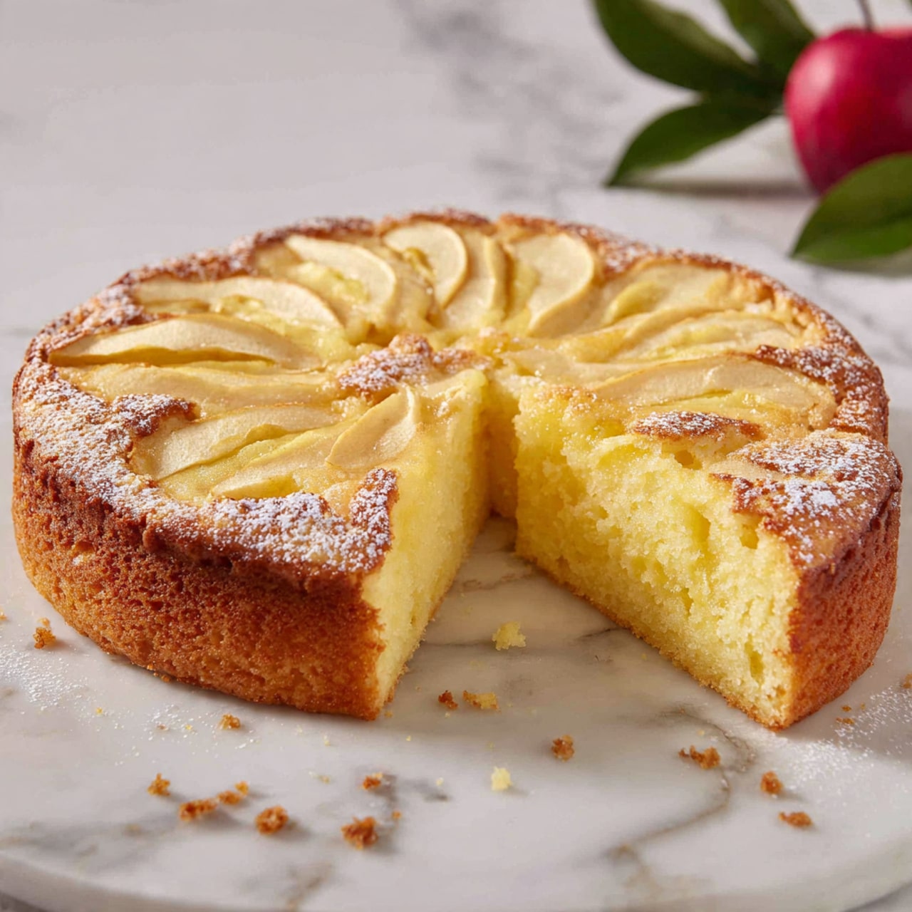 A round cake with a golden brown crust and light yellow, soft inside is shown with one slice taken out and placed slightly behind. The top of the cake features thin, baked apple slices arranged in a circular pattern, with a light dusting of white powdered sugar scattered over the surface. The cake sits on a white marbled surface, with a few crumbs around the base and subtle brown specks on the crust. In the background, there is a hint of a green leaf and a red fruit. Photo taken with an iphone --ar 4:5 --v 7