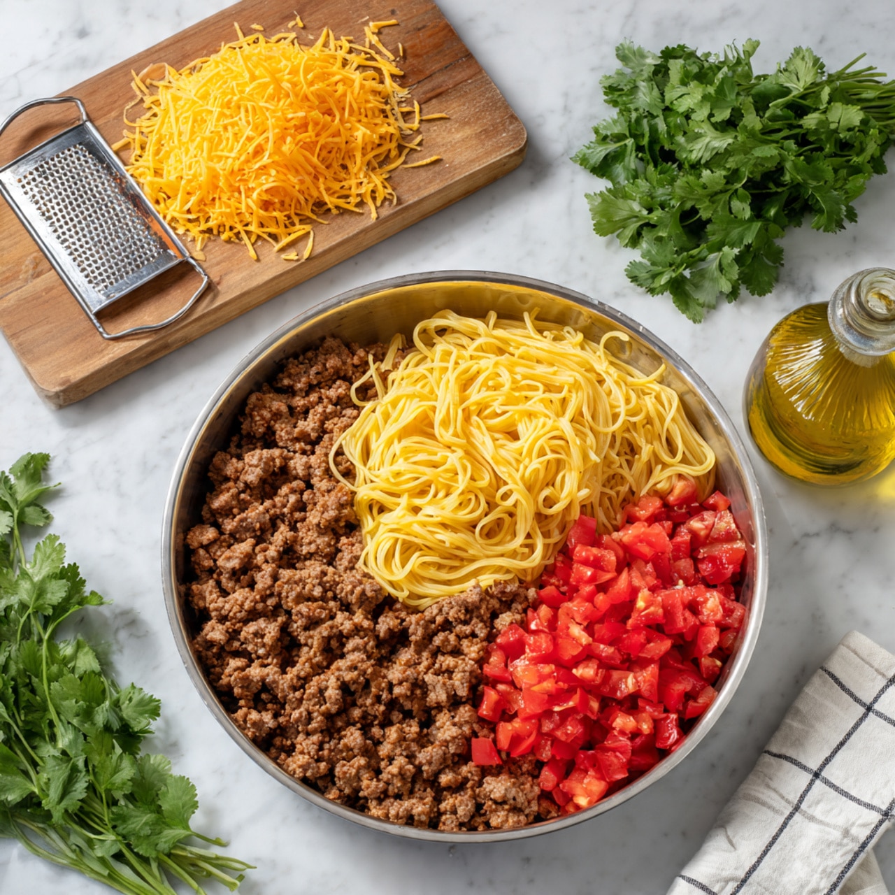A round, silver pan sits on a white marbled surface filled with four main layers: cooked ground beef around the edges in dark brown, diced red tomatoes placed in two piles on the left and right center, yellow uncooked spaghetti laid in the middle covering from top to bottom, and sprinkled brown spices scattered unevenly over the meat and tomatoes. Above the pan is a wooden board with a pile of bright orange shredded cheese, a metal grater with some cheese remnants, and a bunch of green cilantro leaves to the left. To the right of the board is a clear glass bottle with golden olive oil. A white cloth with black lines is partially visible at the bottom right corner. Photo taken with an iphone --ar 4:5 --v 7