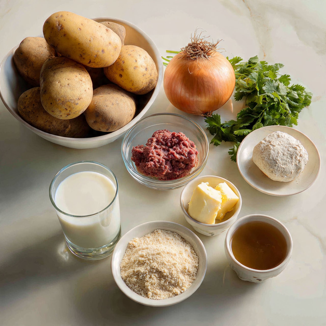 A large white bowl at the top left holds seven light brown potatoes, a large orange carrot, a bulb of garlic, and a shallot with its roots showing. To the right of the bowl, fresh green cilantro leaves rest on the white marbled surface. Below the bowl, five smaller white bowls and a glass cup are arranged: starting from the left, a glass of white milk, a bowl with light yellow butter, a clear bowl filled with deep red ground meat, a bowl with light brown breadcrumbs, and a bowl with brown liquid broth, each placed on the white marbled surface. The textures range from smooth in the butter and broth to rough in the potatoes and breadcrumbs. photo taken with an iphone --ar 4:5 --v 7