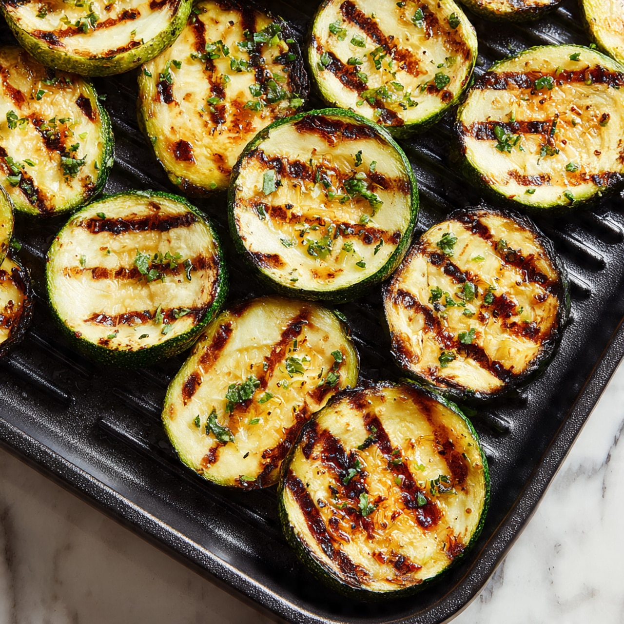 The image shows many slices of grilled zucchini on a black grill pan, each slice oval-shaped with light golden grill marks and small pieces of herbs scattered on top, giving a textured look. The zucchini slices have a mix of light green edges and creamy yellow centers with some darker brown charred spots, arranged loosely in rows, covering almost the entire grill pan. The surface beneath the grill pan is a white marbled texture. photo taken with an iphone --ar 4:5 --v 7