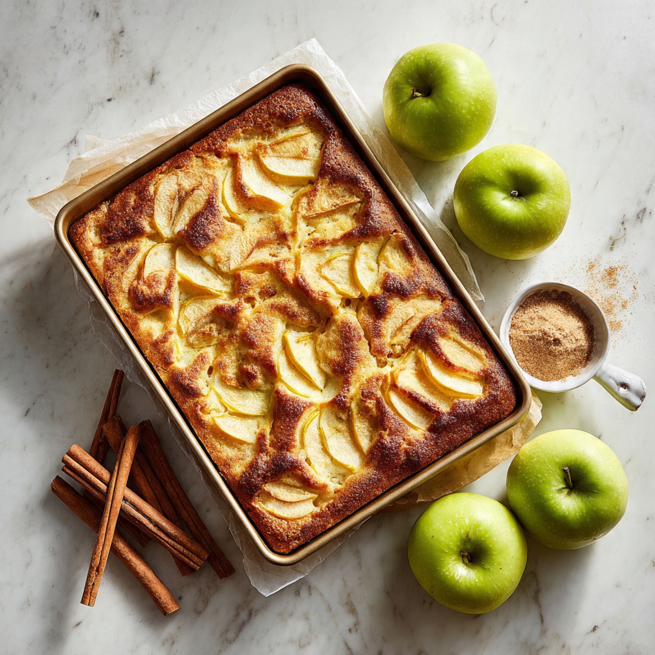 A rectangular baking pan holds a golden brown apple cake with a slightly uneven surface showing soft, baked apple slices embedded in the top layer. The cake has a light, slightly crispy crust with a mix of light tan and golden tones, and apple slices showing some caramelized edges. Around the pan, two whole green apples with smooth skin, two cinnamon sticks, and a small white ramekin filled with brown sugar sit on a white marbled surface, giving a fresh and cozy feel. The pan is placed on a sheet of parchment paper, and the whole scene is lit naturally. Photo taken with an iphone --ar 4:5 --v 7