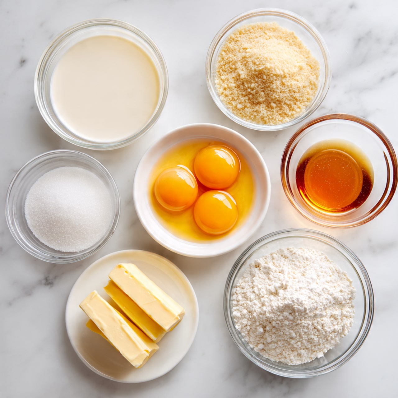 Seven small containers are placed on a white marbled surface, each holding a different ingredient. At the center is a white bowl with two raw egg yolks, bright yellow and glossy. To the bottom left, a small white plate holds two thick, pale yellow butter sticks. Below the eggs, there is a clear glass bowl filled with white flour, with a fine, powdery texture. To the top right of the eggs, a white bowl contains a mound of light tan almond flour, looking crumbly. Above the eggs, a clear glass bowl holds fine white sugar. To the left, a clear glass bowl shows a pale yellow liquid, possibly cream or milk. Lastly, a small clear glass bowl at the bottom left contains a golden liquid, likely honey or syrup. The photo is taken with an iphone --ar 4:5 --v 7