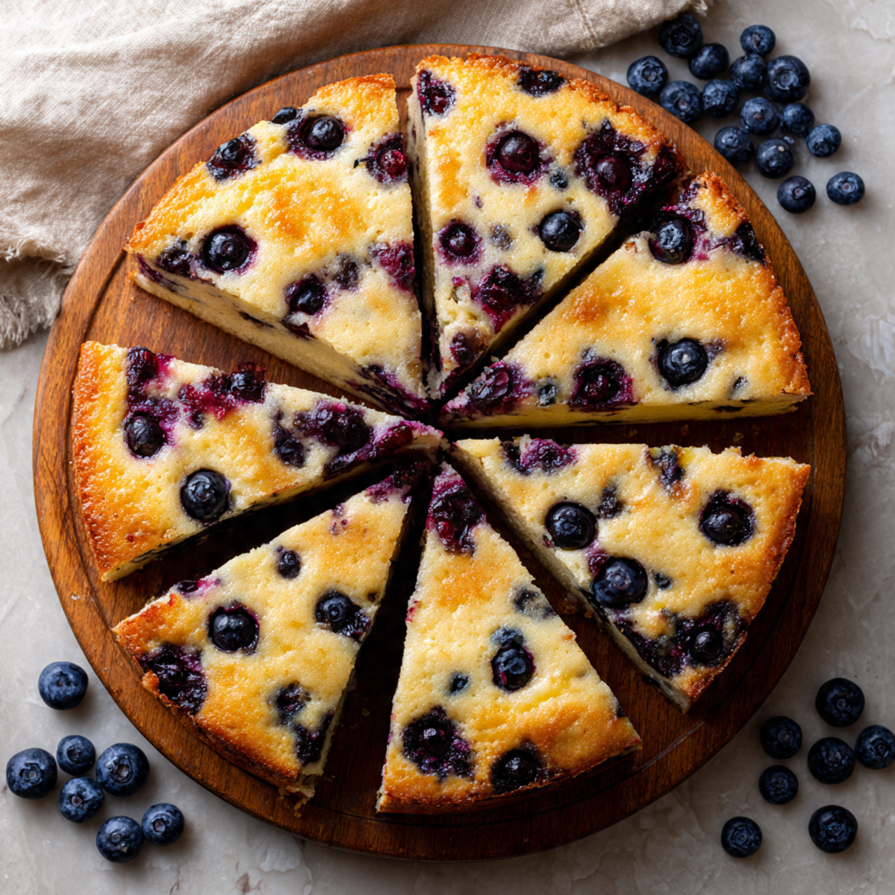 A round blueberry dessert divided into 12 slices on a round wooden board, with the top layer showing a golden-brown crust mixed with baked blueberries scattered evenly, creating dark purple spots. The crust has a slightly shiny texture with some areas appearing more toasted than others. The blueberries on the surface vary in size and are plump, with some juice slightly seeping into the crust creating darker patches. Around the board, fresh blueberries are spread over a white marbled surface with a light beige cloth partially visible in the top left corner. Photo taken with an iphone --ar 4:5 --v 7