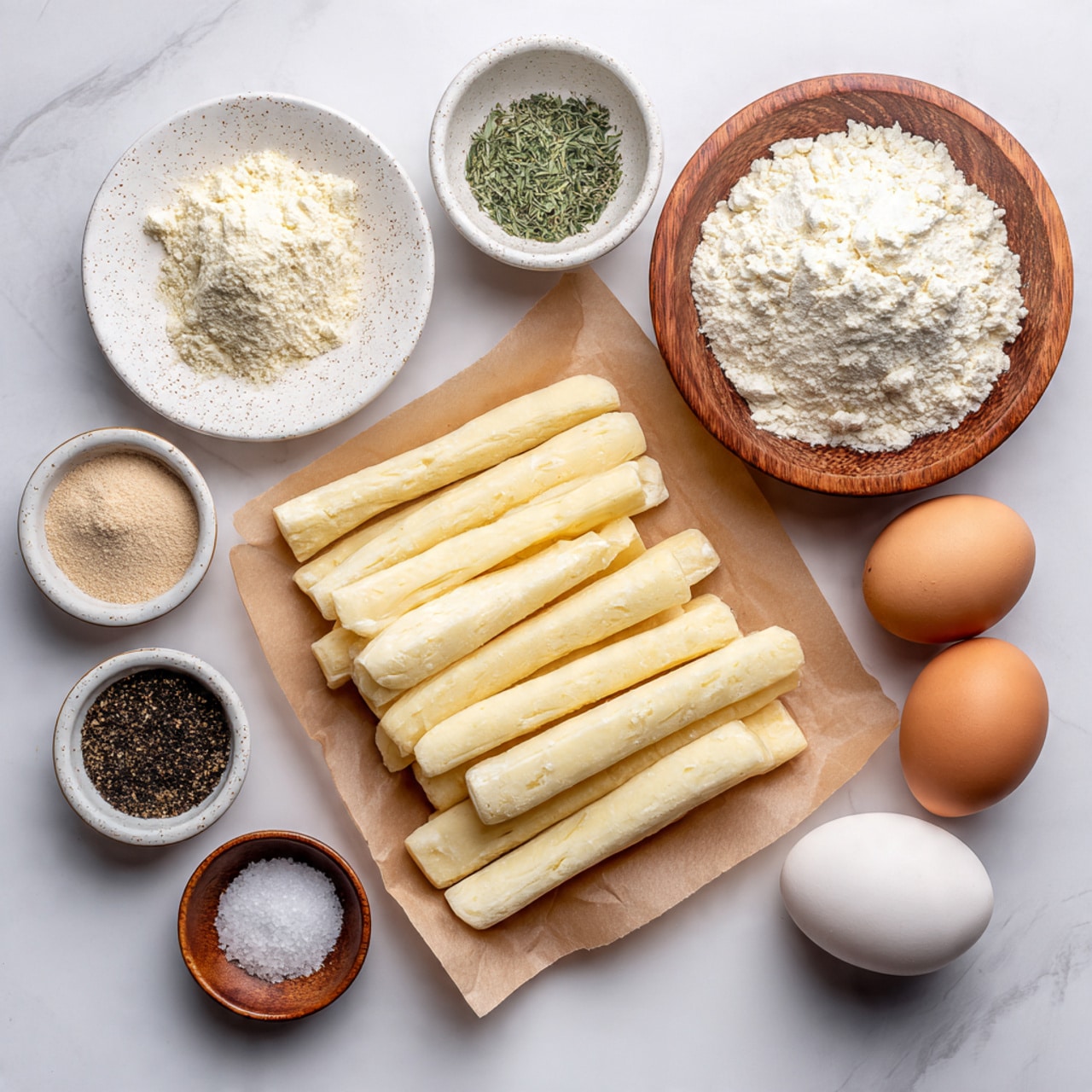 The image shows ingredients laid out on a white marbled surface. In the center bottom, there are many pale yellow cheese sticks arranged on a piece of light brown parchment paper. To the right, there is a round wooden bowl filled with white panko breadcrumbs. Next to the bowl, there are two brown eggs placed side by side. Further to the right, a white speckled bowl is filled with white flour. On the top left side, there are four small dishes arranged in a line: a white speckled plate with light brown powder, a small black dish with coarse white salt, a small light wooden bowl with green dried herbs, and a white speckled plate with ground black pepper. Photo taken with an iphone --ar 4:5 --v 7