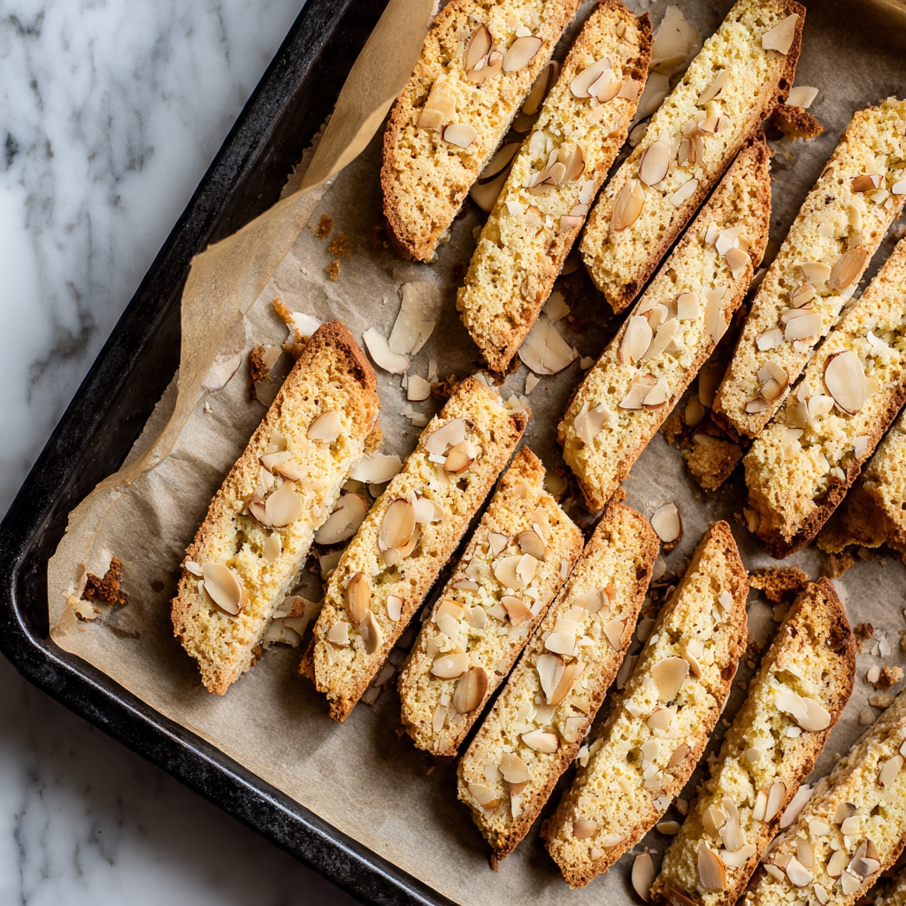 The image shows a black baking tray lined with light brown parchment paper, on which 18 long, narrow biscotti cookies are arranged in four rows. Each cookie is golden brown with visible almond pieces embedded throughout, giving a textured and slightly crumbly appearance. The biscotti vary slightly in size, and some crumbs are scattered on the parchment paper. The tray sits on a white marbled surface. photo taken with an iphone --ar 4:5 --v 7