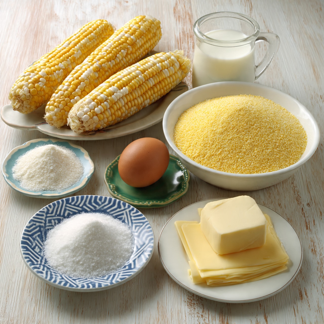 The image shows six fresh yellow and white corn cobs at the top left. To the right, there is a clear small glass with white milk inside placed on a green coaster. Below the glass is a white bowl filled with yellow cornmeal with a slightly grainy texture. Below the cornmeal, there is a brown egg with a smooth shell. To the left of the egg, a small blue plate with zigzag white stripes holds two small mounds of white salt of different sizes. Below this plate, a smaller white plate with a blue hexagonal flower pattern carries a small block of pale yellow butter with smooth sides. To the right of the butter, a white plate contains a stack of thin, round, pale cheese slices with soft edges. All items are placed on a flat surface with a wooden texture changed to a white marbled texture. photo taken with an iphone --ar 4:5 --v 7
