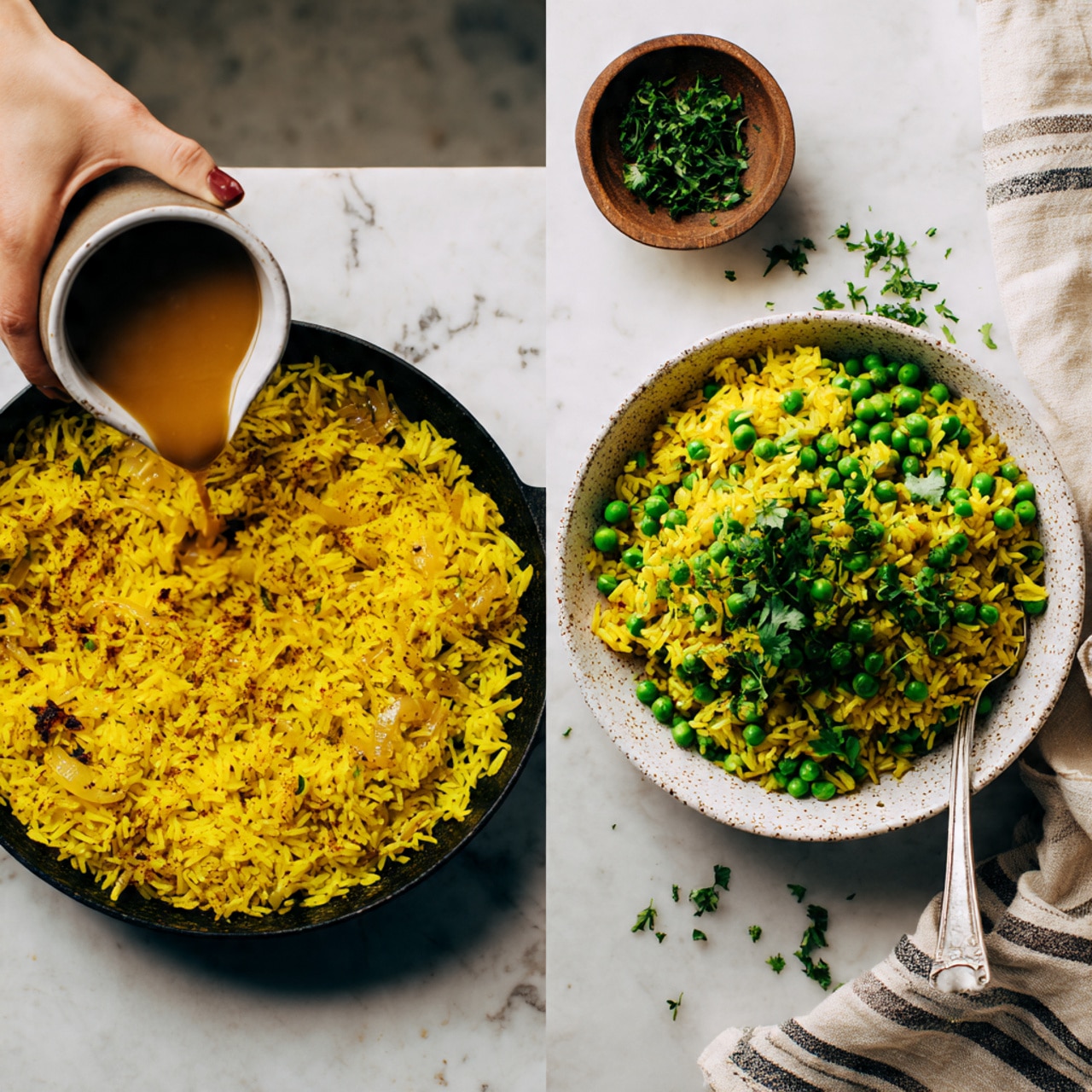 The image shows two scenes side by side. On the left, there is a black pan filled with yellow rice on a white marbled surface, and a woman's hand is pouring a light brown liquid into the pan. The rice looks soft with small bits of translucent cooked onions mixed in. On the right, there is a white speckled bowl filled with the finished yellow rice mixed with bright green peas and garnished with fresh chopped green herbs scattered on top and around the bowl. A silver spoon is resting inside the bowl, and a small brown bowl of herbs and a striped cloth are placed nearby on the same white marbled surface. photo taken with an iphone --ar 4:5 --v 7