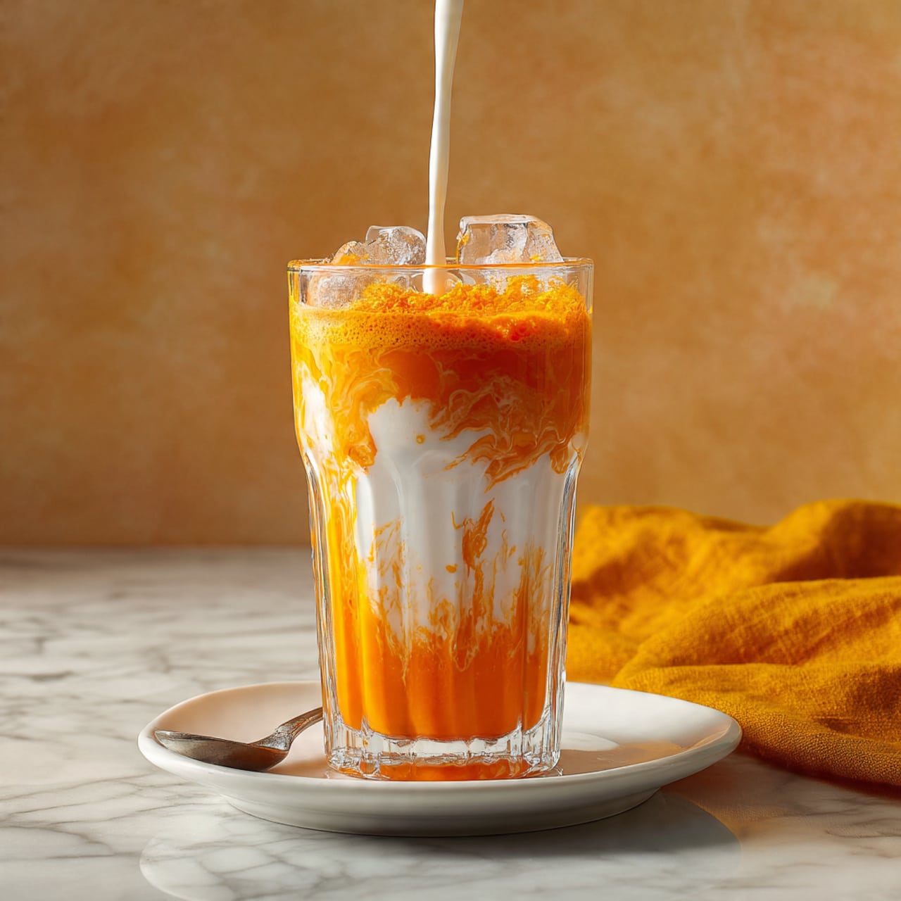 This image shows a tall clear glass filled with three visible layers: the bottom layer is thick and bright orange with a textured look, the middle layer mixes the orange with white, forming swirls and soft transitions, and the top layer is white liquid being poured slowly into the glass, splashing over ice cubes visible at the top. The glass has vertical ridges and sits on a white plate, placed on a white marbled surface with a mustard yellow cloth to the right side. photo taken with an iphone --ar 4:5 --v 7