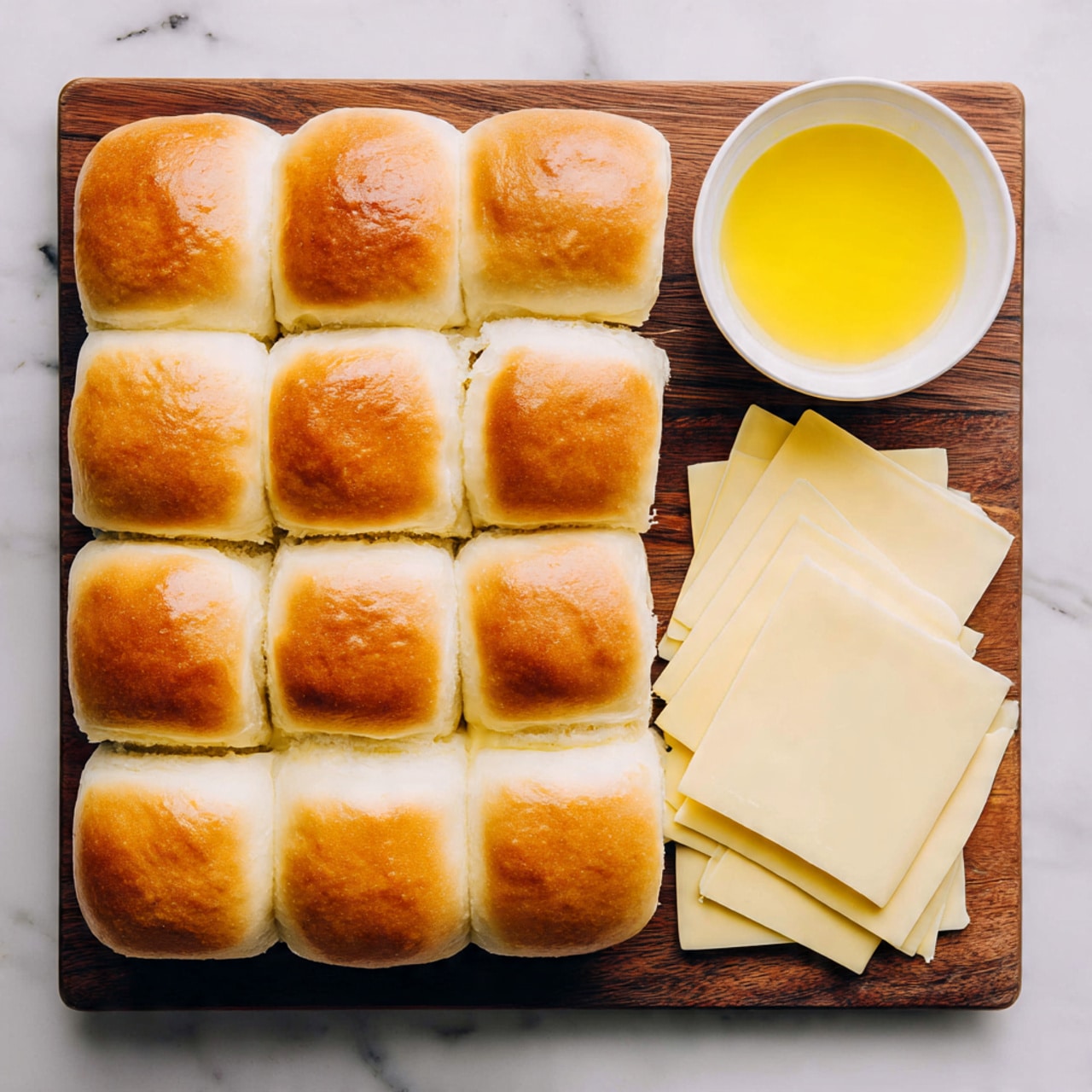 A wooden board holds three ingredients neatly arranged: a 3 by 4 grid of 12 soft, golden brown Hawaiian rolls in the top left, a small white bowl filled with bright yellow melted butter placed at the top right, and a slightly fanned stack of 8 to 10 smooth, pale yellow cheese slices arranged in the bottom right corner. The surface beneath the board is a white marbled texture. photo taken with an iphone --ar 4:5 --v 7