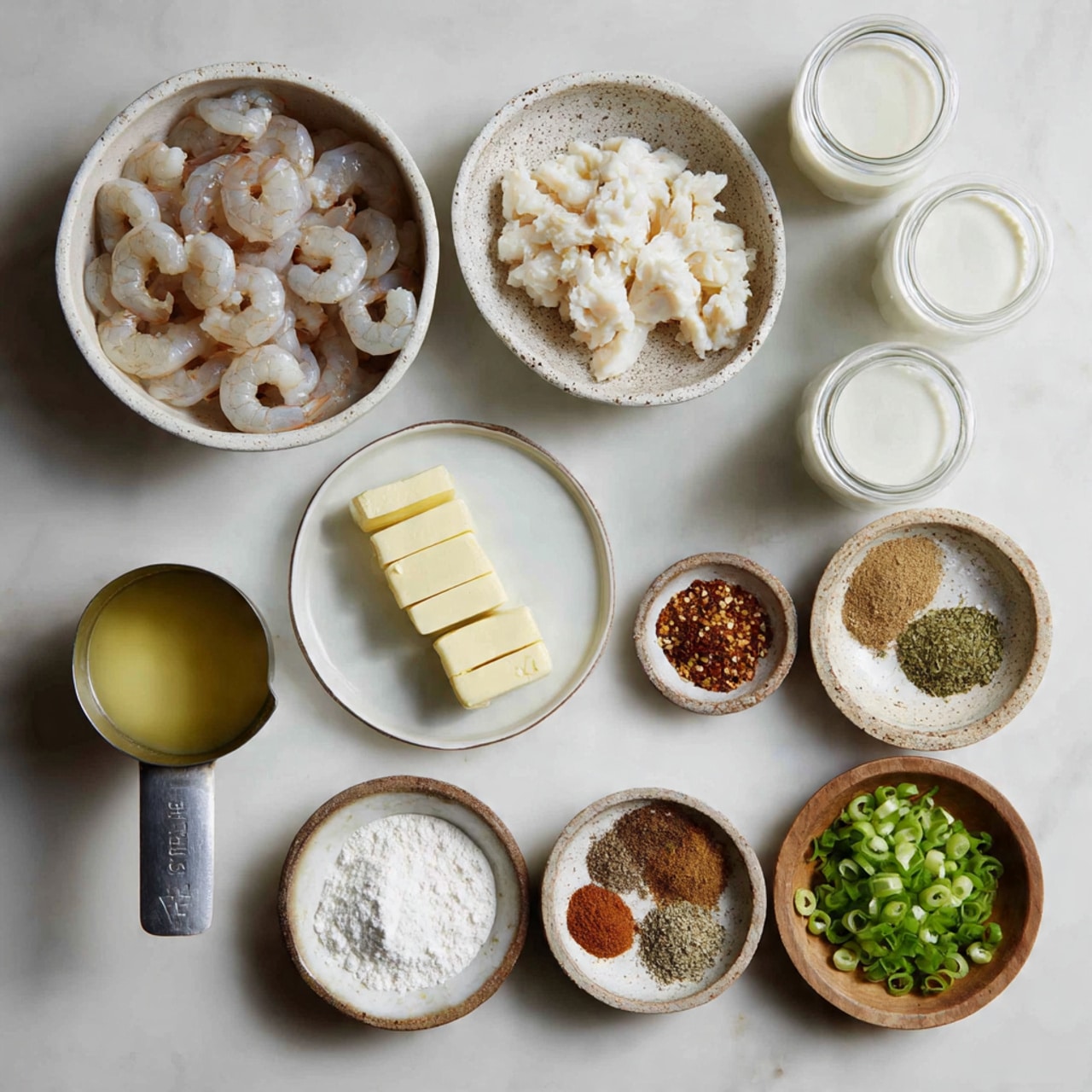 The image shows nine bowls and cups arranged on a white marbled surface, each containing different ingredients for cooking. In the center, there is a white speckled bowl filled with small raw shrimp, slightly pink and translucent. To its right, another white speckled bowl holds white crab meat pieces. Below the shrimp bowl, a plain white plate has three light yellow butter sticks neatly placed side by side. Bottom left, a metal measuring cup contains melted yellow butter. Above it, a small wooden bowl has a white powder that looks like flour. To the right of the flour, a round white dish is filled with various ground spices showing brown, reddish, white, and black colors. Next to the spices, a small wooden bowl contains chopped bright green spring onions. In the top right corner, two clear glass jars with white cream or milk stand next to each other. The whole setup is well-lit with soft natural light, emphasizing textures and colors in a clean and simple style. Photo taken with an iphone --ar 4:5 --v 7