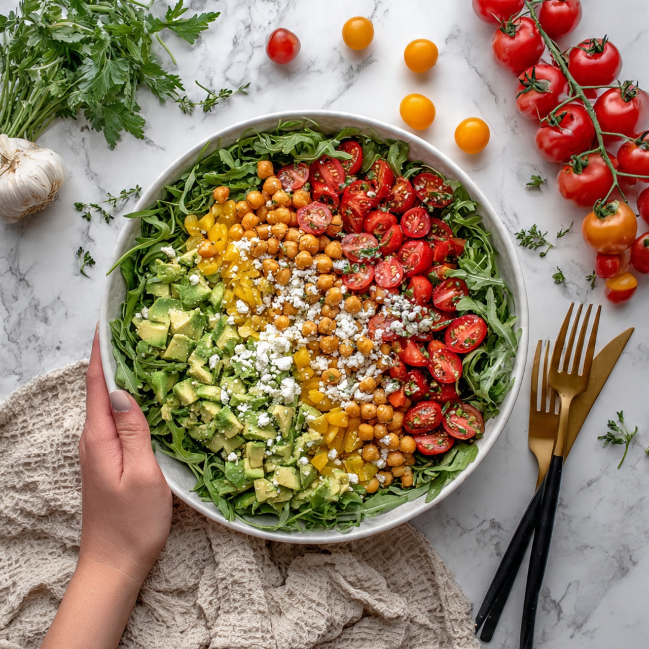 A fresh salad is served in a white bowl on a white marbled surface with a woven cloth underneath. The salad has several colorful layers starting with a base of leafy green arugula. On top, there are bright red and yellow cherry tomato halves, light beige chickpeas, and light green cucumber chunks with a smooth texture. Small pieces of white feta cheese and finely chopped purple onions are scattered across, giving a contrast of color and texture. Two black and gold-tipped chopsticks rest on the edge of the bowl. The scene is bright and fresh, with a natural look. photo taken with an iphone --ar 4:5 --v 7