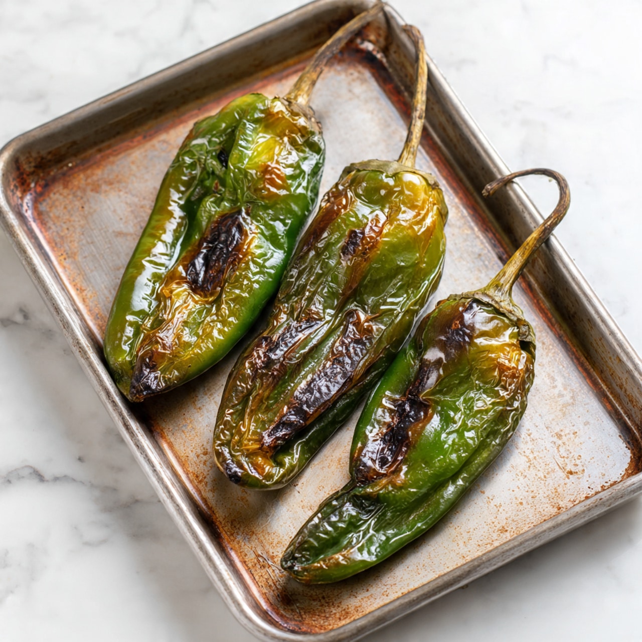 Three roasted green chili peppers with blistered, browned, and slightly blackened skin are placed flat on a metal tray that has light rust and cooking marks. The peppers are shiny with oil and have curved shapes with some darker spots where the skin has softened or charred. The tray sits on a white marbled surface. photo taken with an iphone --ar 4:5 --v 7