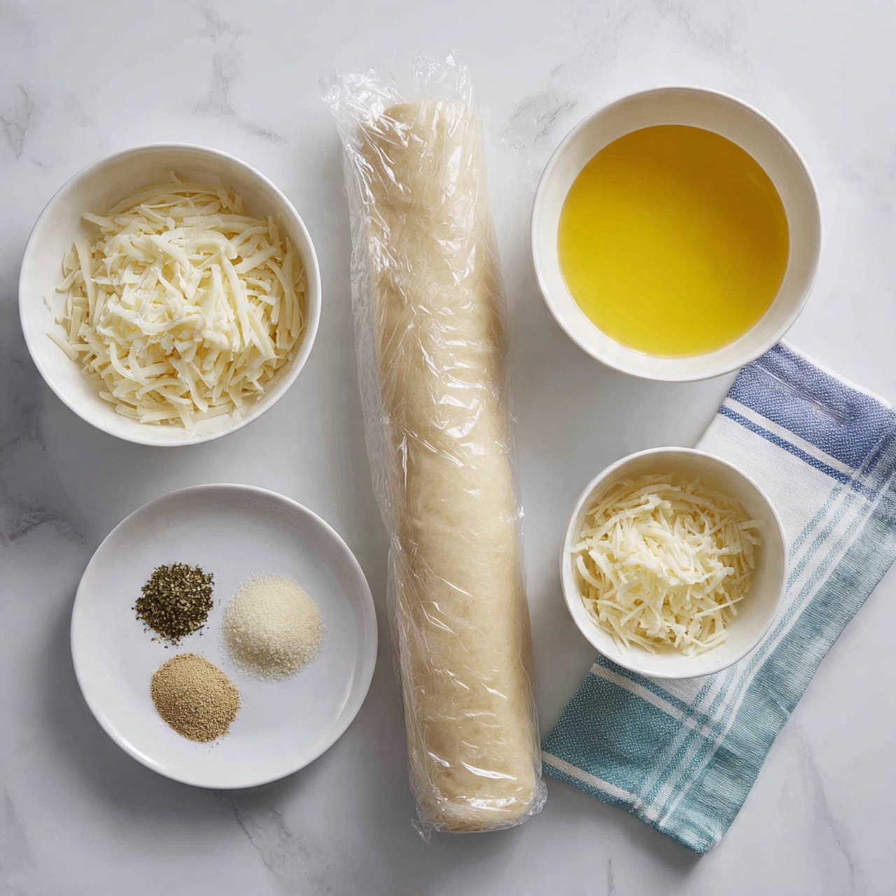 This image shows five white bowls and one wrapped pizza crust placed on a white marbled surface. The wrapped pizza crust is in the center, long and pale with folds on the plastic wrap. On the top left, a small white bowl is filled with shredded mozzarella cheese, soft and white. To the top right, there is a bowl with melted yellow butter, smooth and shiny. Below the butter, another white bowl contains finely shredded Parmesan cheese, slightly off-white. At the bottom left, a white plate holds three spices: chopped green Italian seasoning, a small pile of light beige garlic powder, and finely chopped fresh garlic, all neatly separated. A towel with turquoise and white stripes is placed on the bottom right edge of the image. photo taken with an iphone --ar 4:5 --v 7