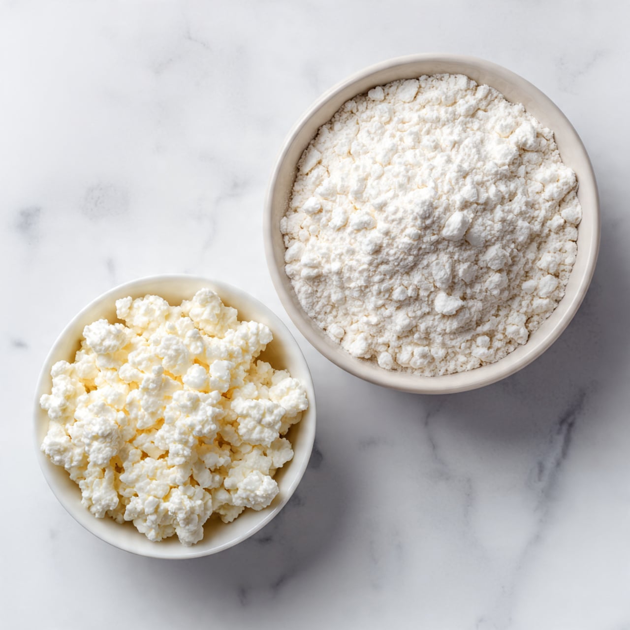 Two white bowls are placed on a white marbled surface. The smaller bowl on the left is filled with soft, lumpy, white cottage cheese. The larger bowl on the right contains a fine, white powder of self-rising flour. Both bowls have clear labels in black text on white rectangles placed over the ingredients. Photo taken with an iphone --ar 4:5 --v 7