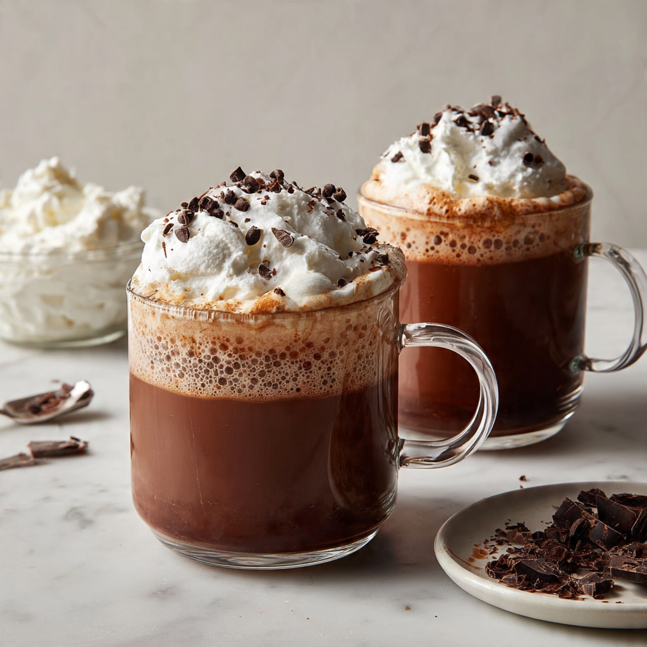 Two clear glass mugs sit on a white marbled surface, each filled with three visible layers: a bottom dark chocolate drink layer, a thin lighter brown frothy middle layer, and a top dollop of white whipped cream sprinkled with small dark chocolate shavings. One mug is placed slightly behind on a wooden round board, while the other is in the front right, showing more detail. Nearby, there is a white bowl full of fluffy whipped cream and a small white plate holding more chocolate shavings. A spoon with traces of whipped cream and chocolate rests on the surface near the front mug. Photo taken with an iphone --ar 4:5 --v 7