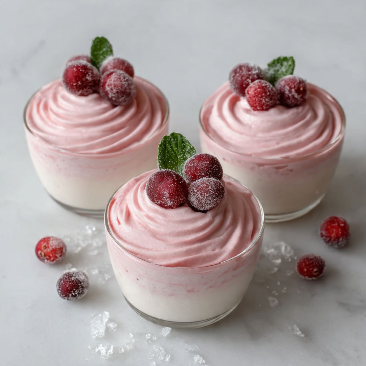 The image shows several clear glass cups filled with a two-layer dessert placed on crumpled brown paper on a white marbled surface. Each cup has a thick, creamy white base layer and a bright pink, swirled mousse-like top layer with a smooth, fluffy texture. On top of the pink layer, there are small clusters of frosted red berries and fresh green mint leaves as decoration. The light reflects softly on the smooth surface of the dessert, highlighting the layers and the frosted texture of the berries. The overall look is fresh, colorful, and inviting. photo taken with an iphone --ar 4:5 --v 7